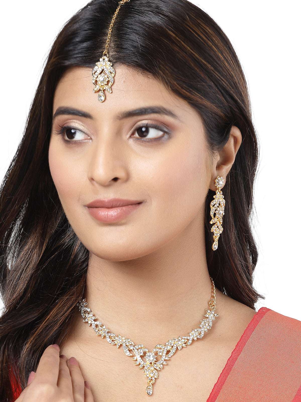 Sukkhi Tendy Fashionable AD Stones Studded Gold Plated Choker Necklace Set with Dangler Earring & Maangtikka Jewellery Set for Women & Girls| Set of 1|2038NADK1050