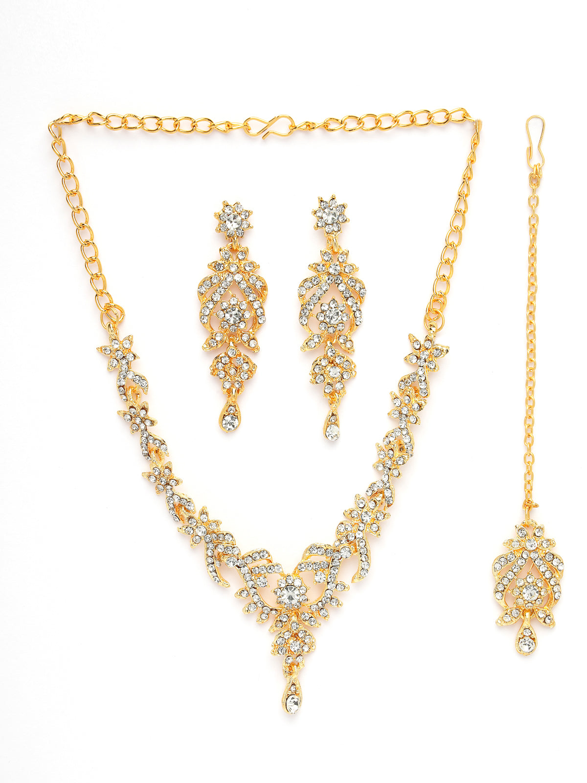 Sukkhi Tendy Fashionable AD Stones Studded Gold Plated Choker Necklace Set with Dangler Earring & Maangtikka Jewellery Set for Women & Girls| Set of 1|2038NADK1050