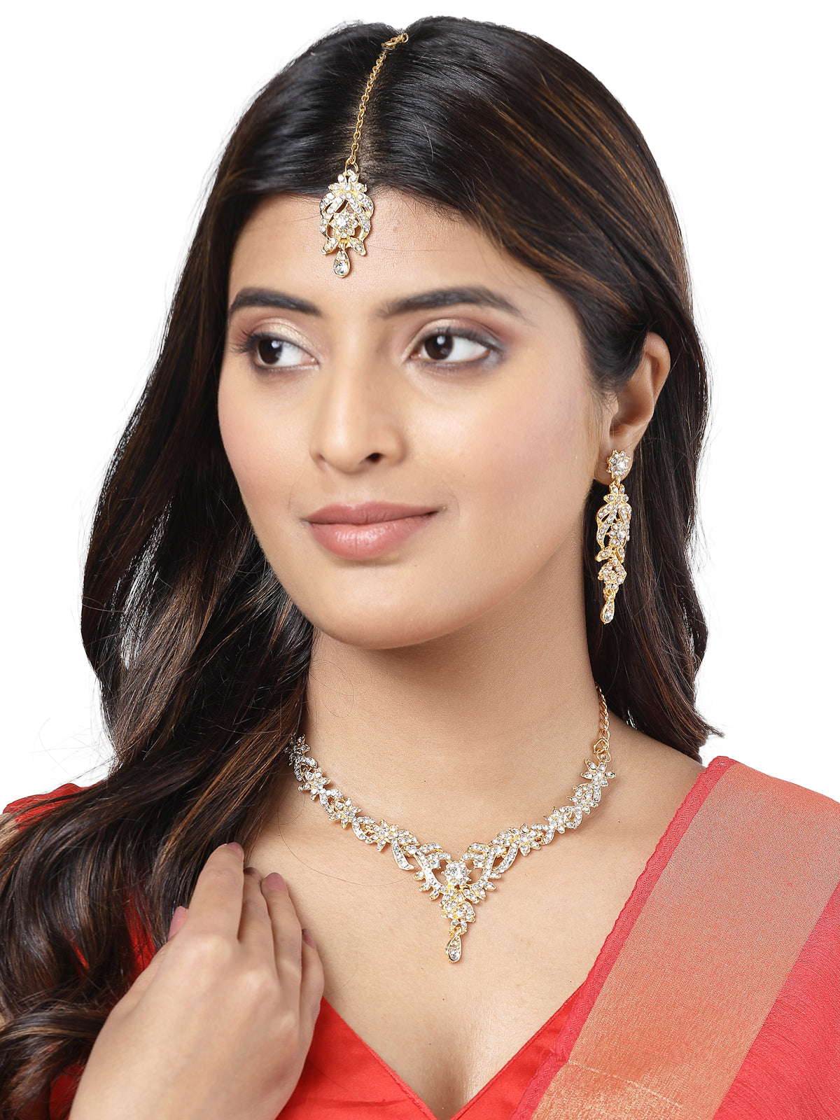 Sukkhi Tendy Fashionable AD Stones Studded Gold Plated Choker Necklace Set with Dangler Earring & Maangtikka Jewellery Set for Women & Girls| Set of 1|2038NADK1050
