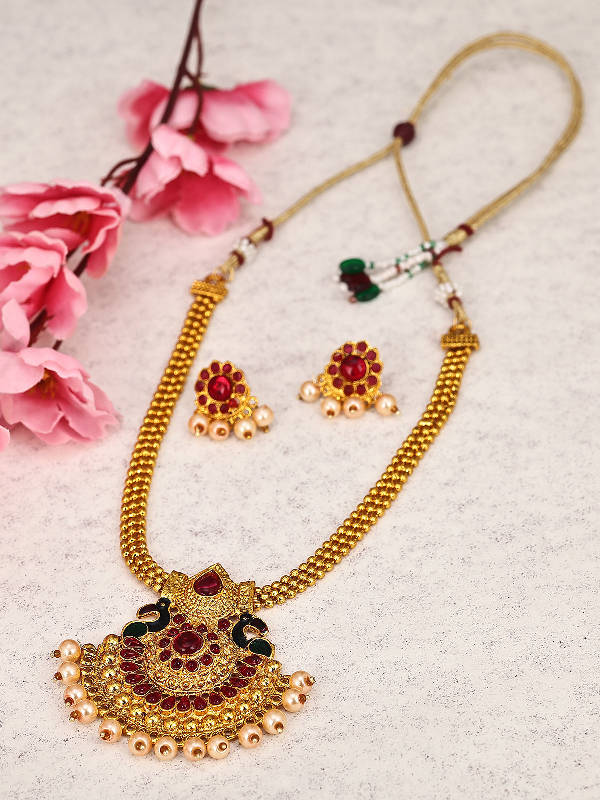Sukkhi Resplendent Pearl Gold Plated Peacock Meenakari Necklace Set For Women 3186NGLDPP950