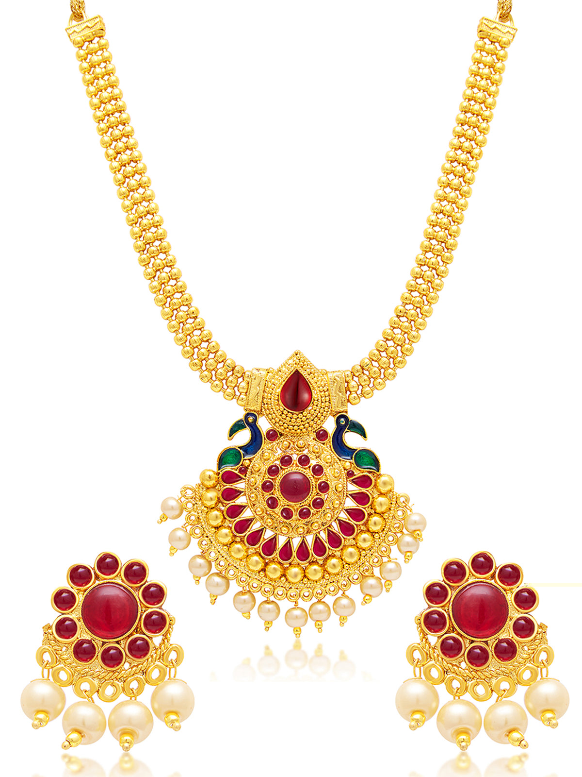 Sukkhi Resplendent Pearl Gold Plated Peacock Meenakari Necklace Set For Women 3186NGLDPP950