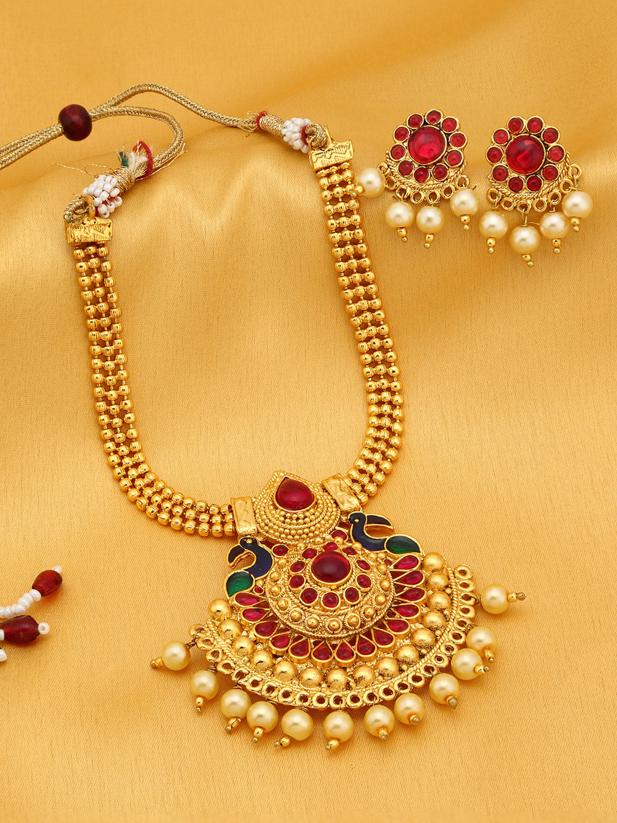 Sukkhi Resplendent Pearl Gold Plated Peacock Meenakari Necklace Set For Women 3186NGLDPP950