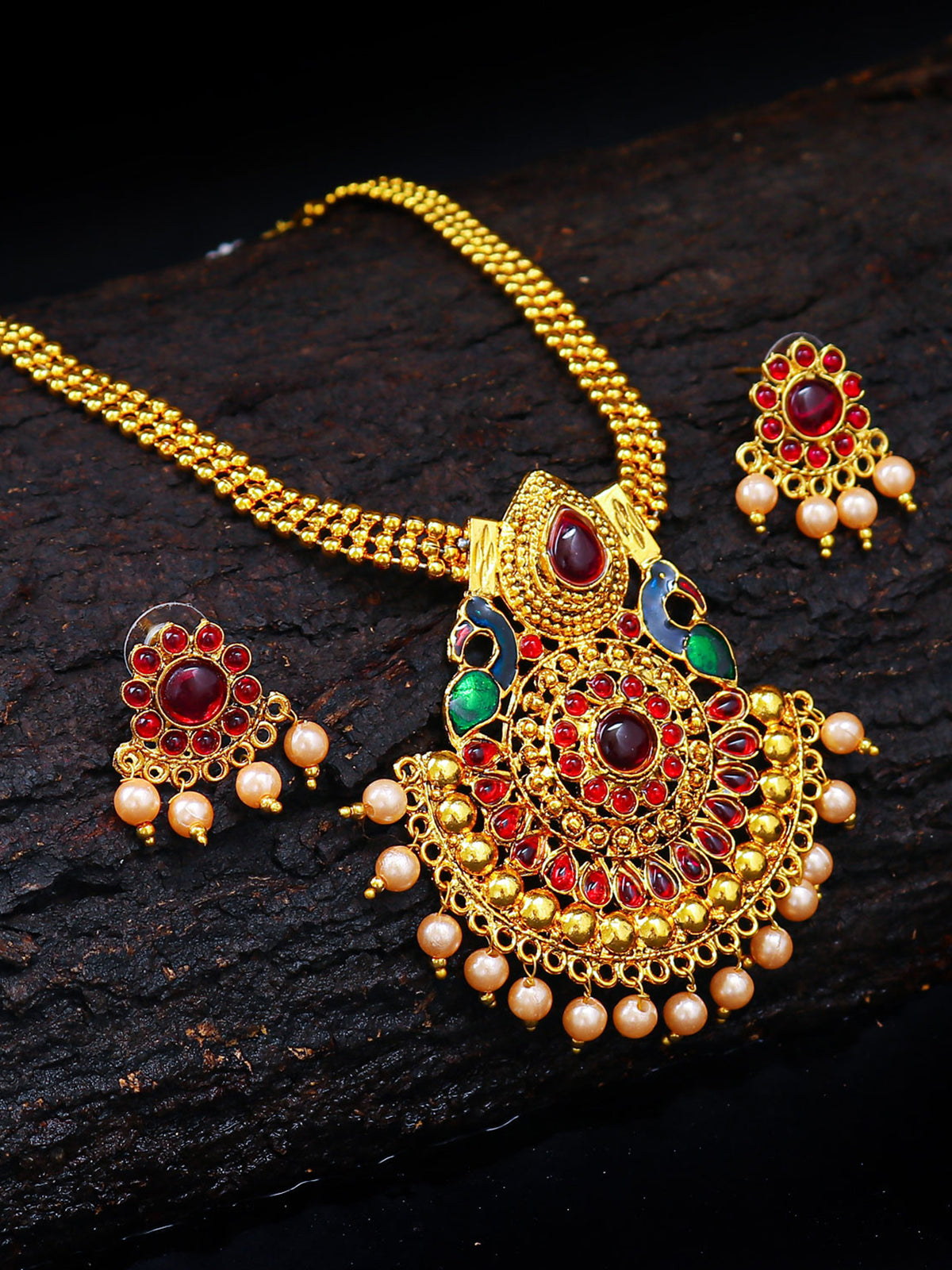 Sukkhi Resplendent Pearl Gold Plated Peacock Meenakari Necklace Set For Women 3186NGLDPP950