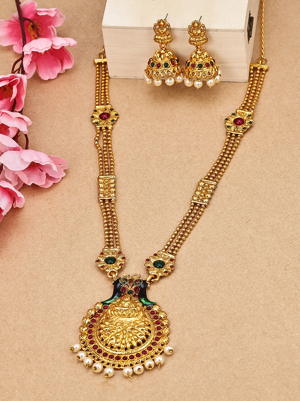 Sukkhi Designer Pearl Gold Plated Laxmi Peacock Meenakari Long Haram Necklace Set For Women 3196NGLDPP1400