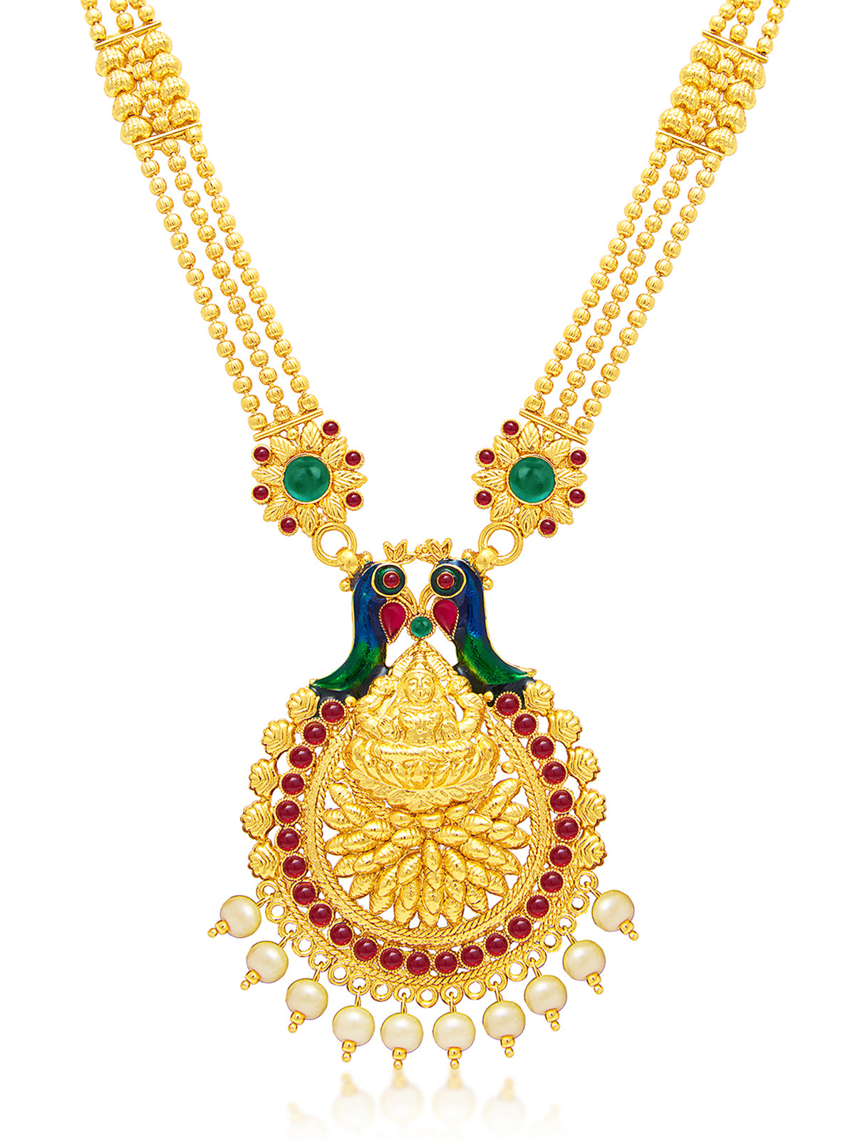 Sukkhi Designer Pearl Gold Plated Laxmi Peacock Meenakari Long Haram Necklace Set For Women 3196NGLDPP1400