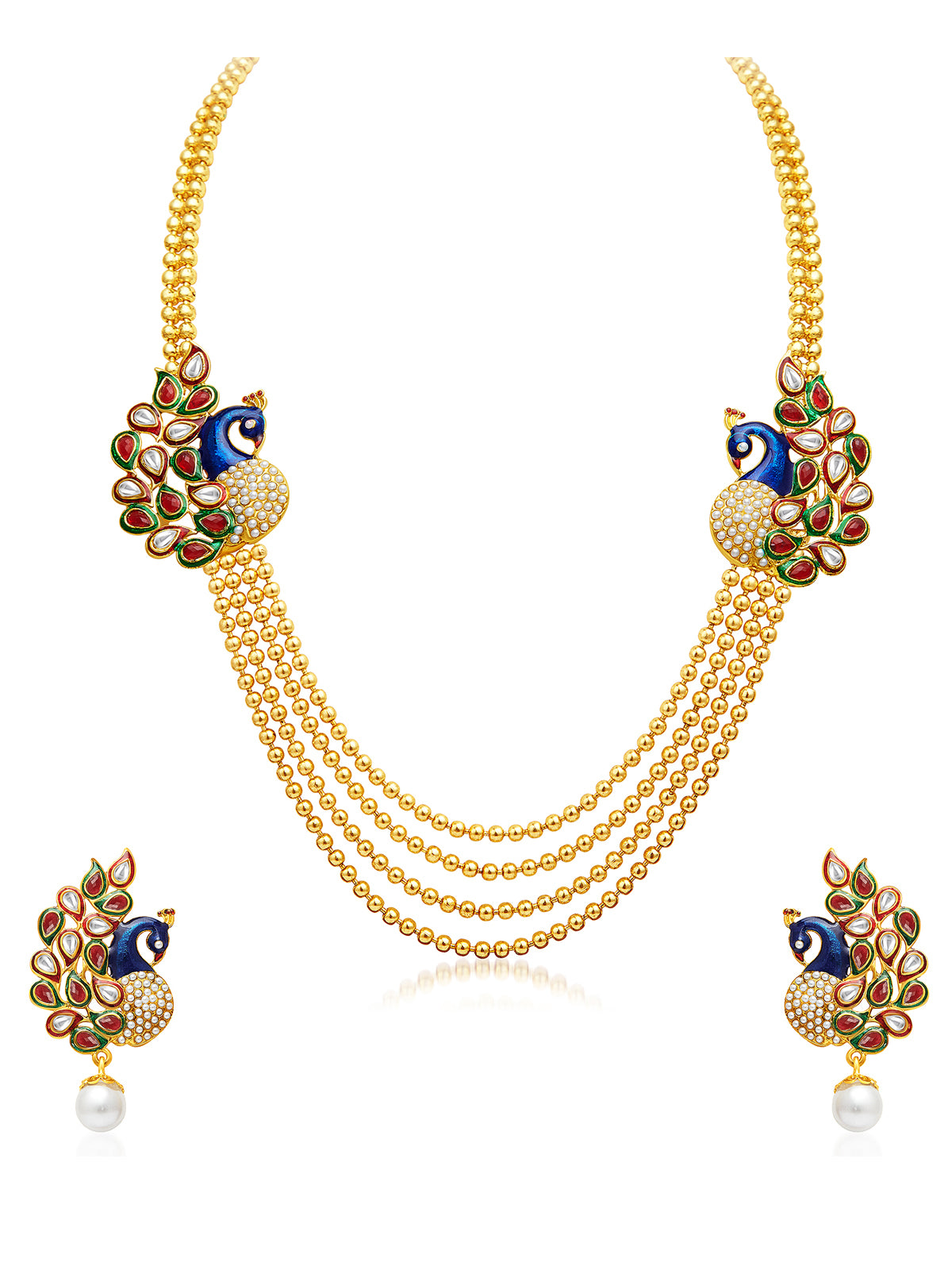 Sukkhi Gorgeous Pearl Gold Plated Kundan Peacock Meenakari Multi-String Necklace Set Combo For Women 457CB2700