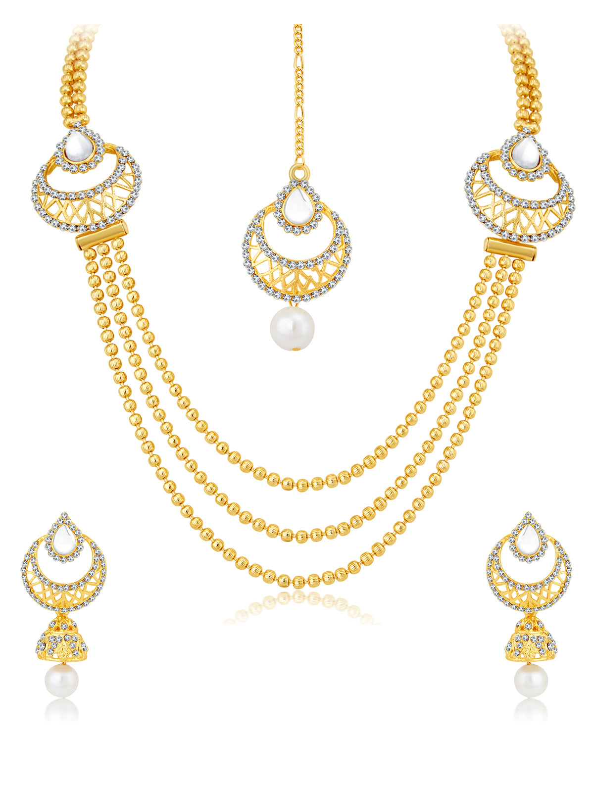 Sukkhi Gorgeous Pearl Gold Plated Kundan Peacock Meenakari Multi-String Necklace Set Combo For Women 457CB2700