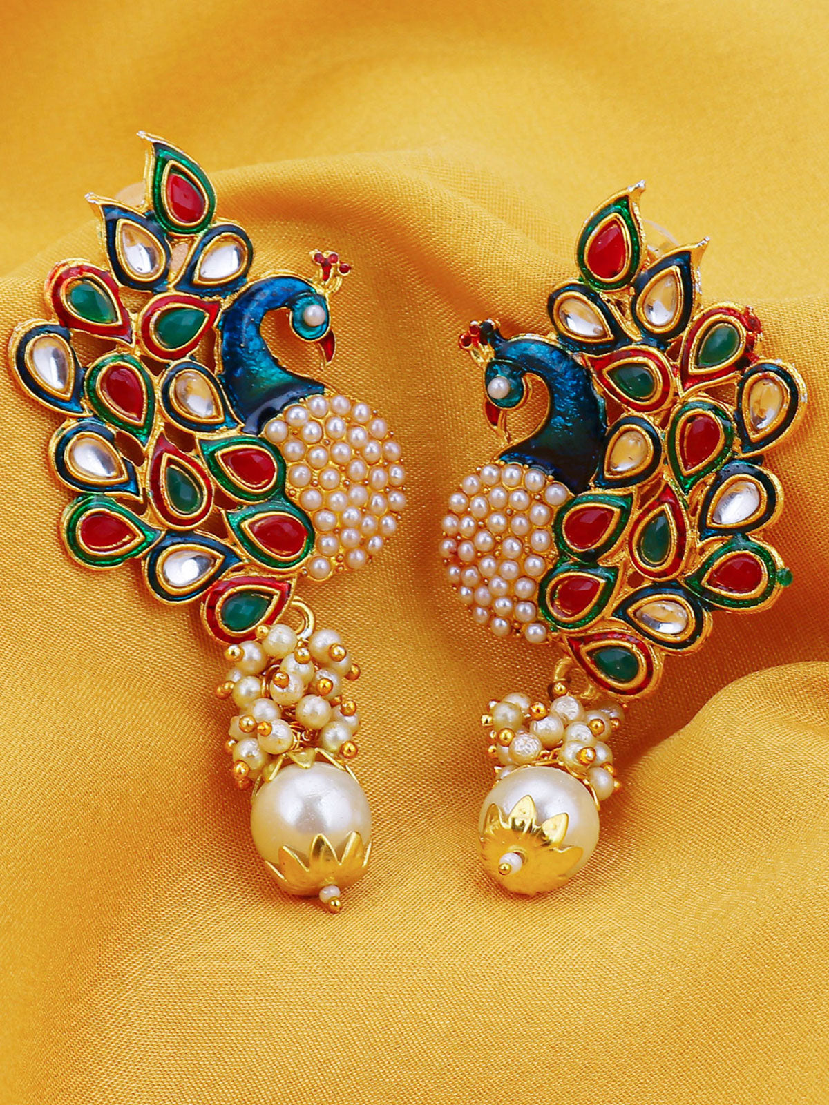 Sukkhi Glorious Pearl Gold Plated Kundan Peacock Meenakari Dangle Earring for Women 6083EADP570
