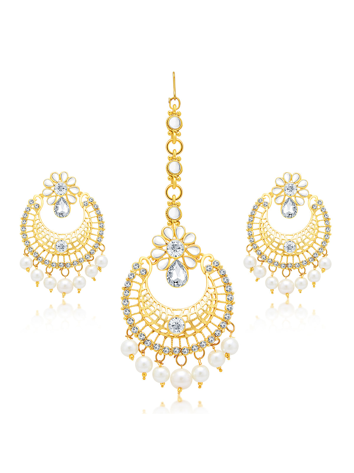 Sukkhi Glittery Pearl Gold Plated Kundan Chandbali Earring With Maangtikka Set For Women 6862EADD900