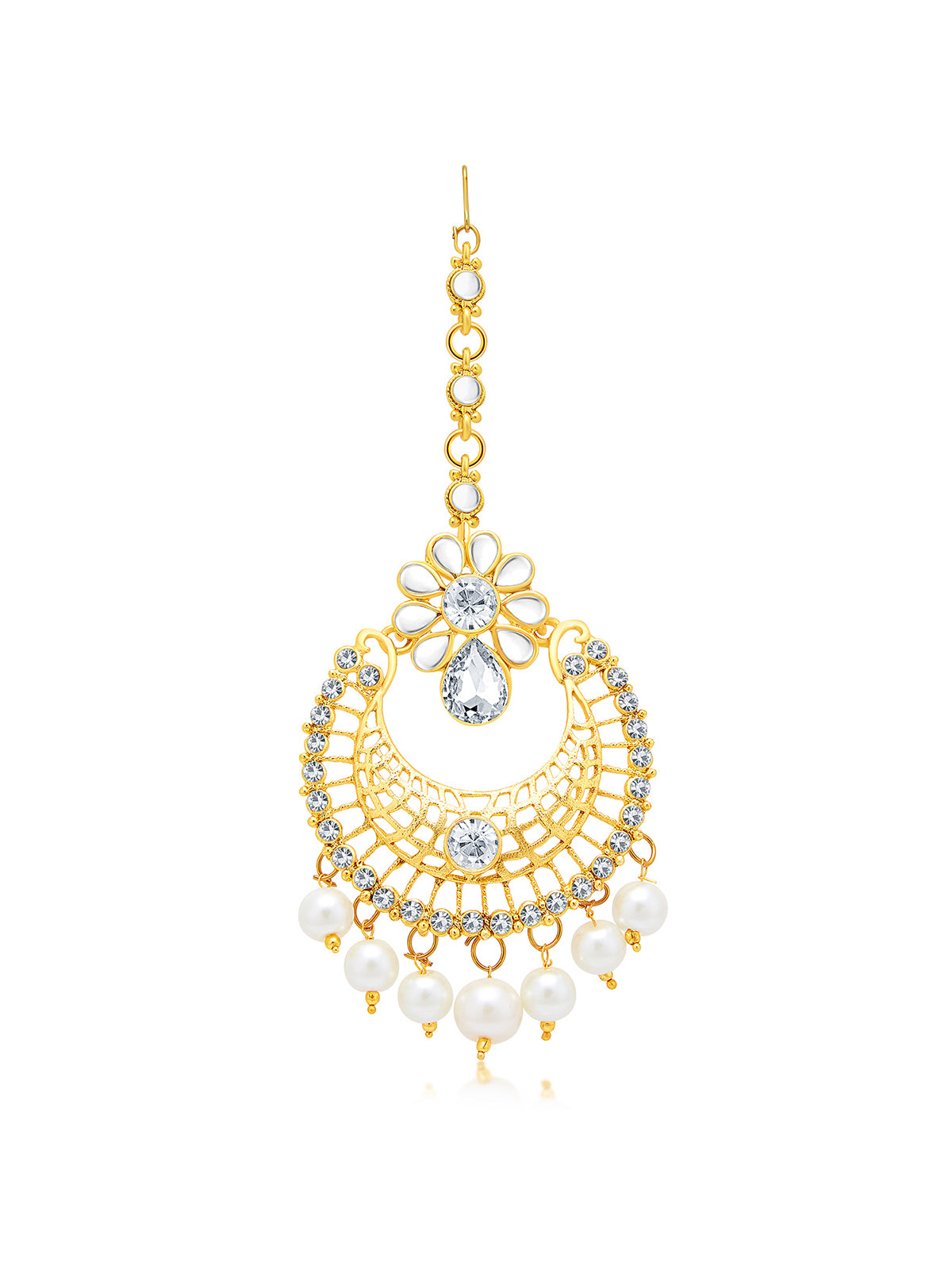 Sukkhi Glittery Pearl Gold Plated Kundan Chandbali Earring With Maangtikka Set For Women 6862EADD900