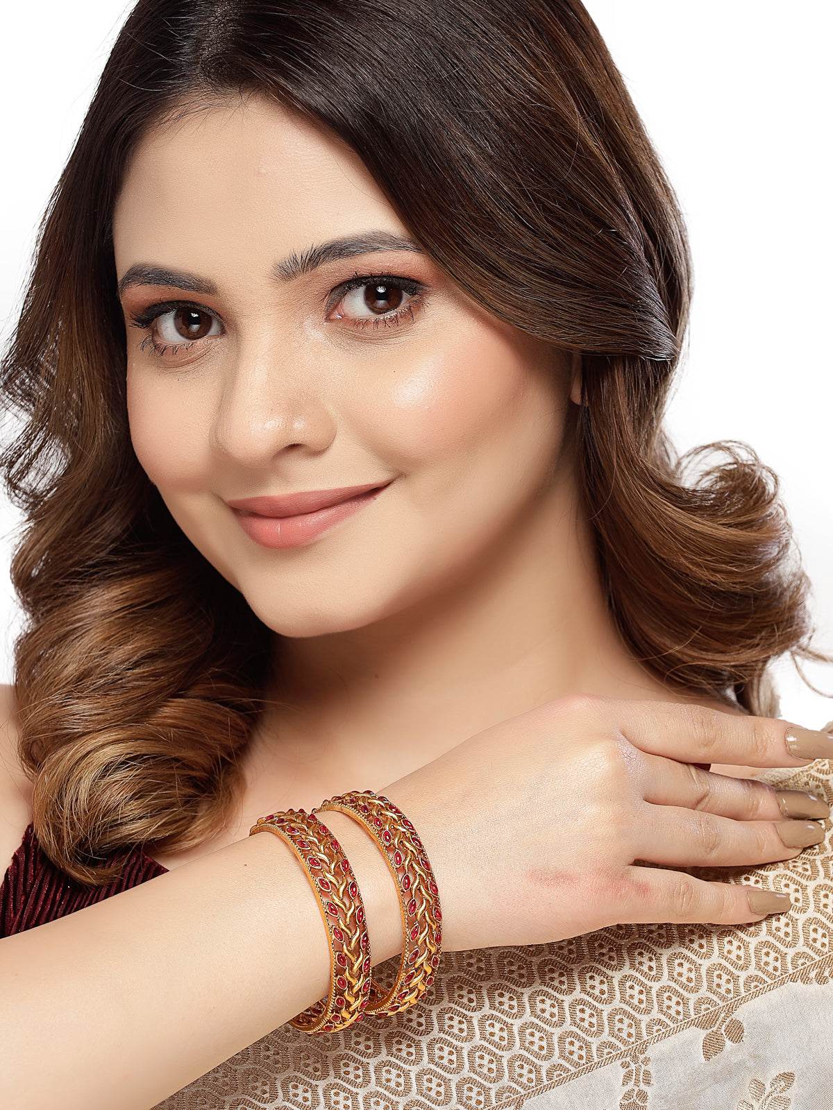 Sukkhi Ethnic Gold Plated Red Broad Kada Bracelet Bangle Jewellery Set for Women & Girls|Set of 2 Latest Design| Birthday Anniversary Gift for Women|B105850