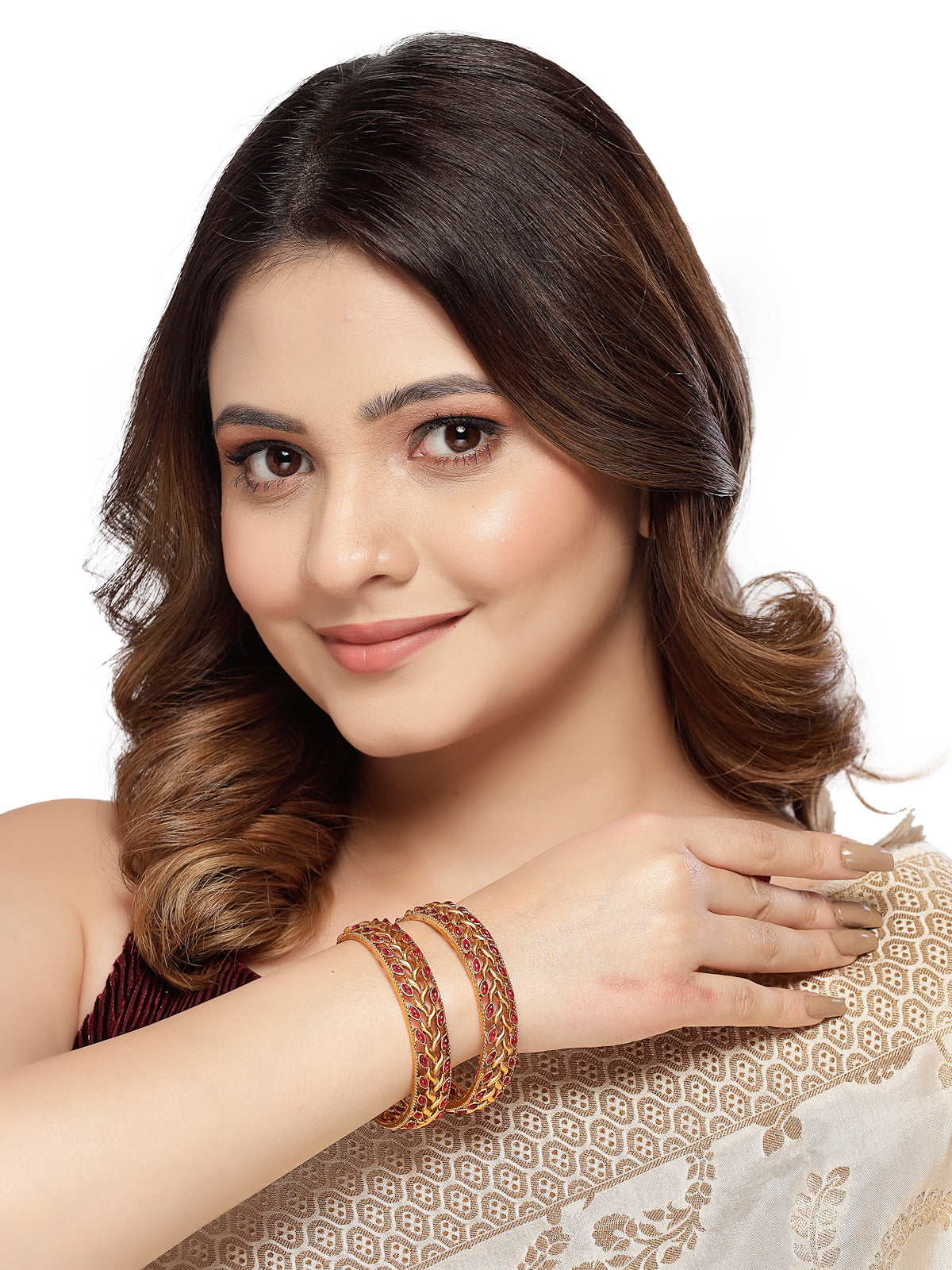 Sukkhi Ethnic Gold Plated Red Broad Kada Bracelet Bangle Jewellery Set for Women & Girls|Set of 2 Latest Design| Birthday Anniversary Gift for Women|B105850