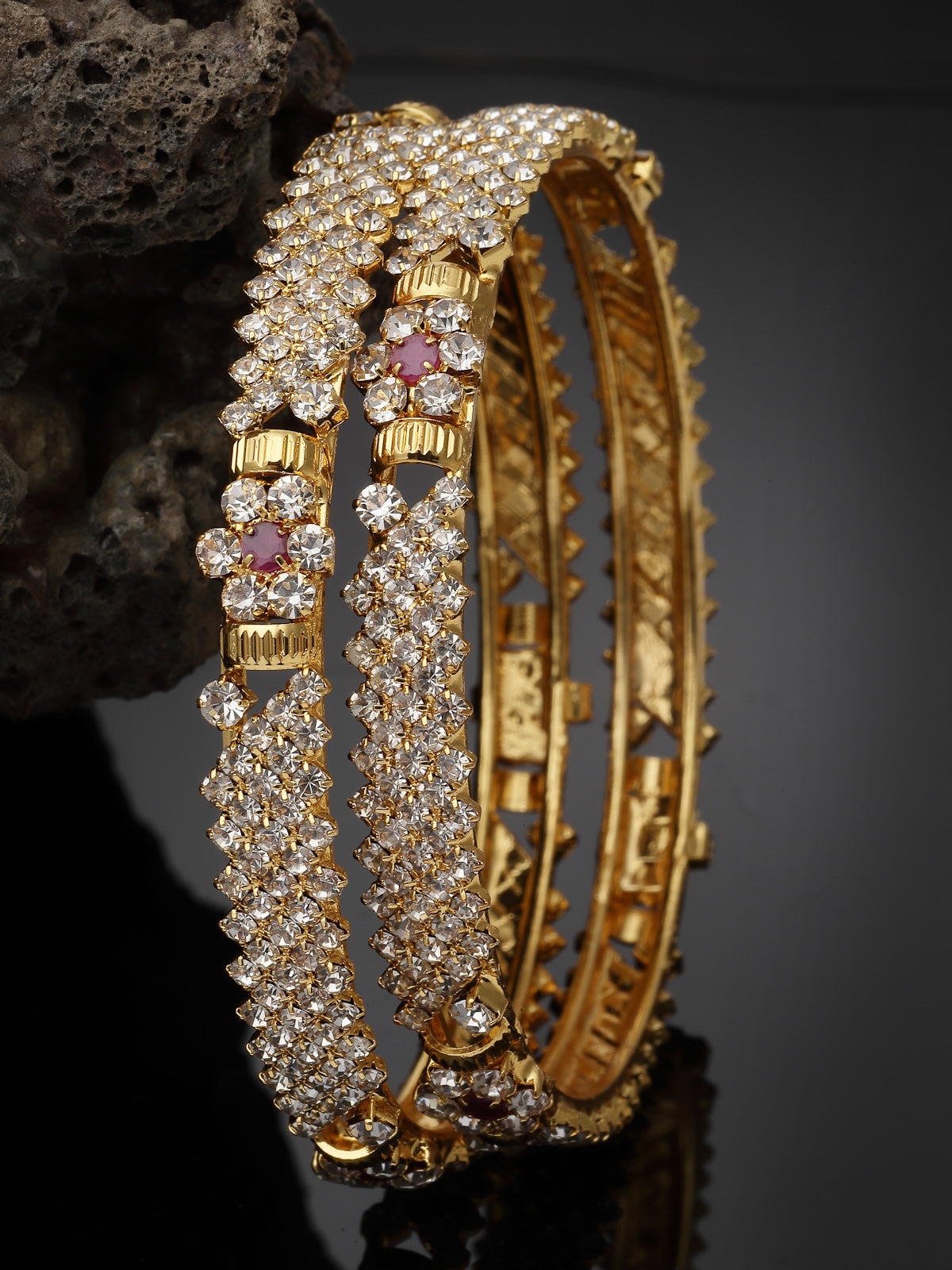 Sukkhi Fashionable Gold Tone Plated White Red AD Stones Studded Set of 2 Kada Bracelet Bangle Jewellery Set for Women & Girls|Latest Design | Birthday Anniversary Gift for Women|B105853