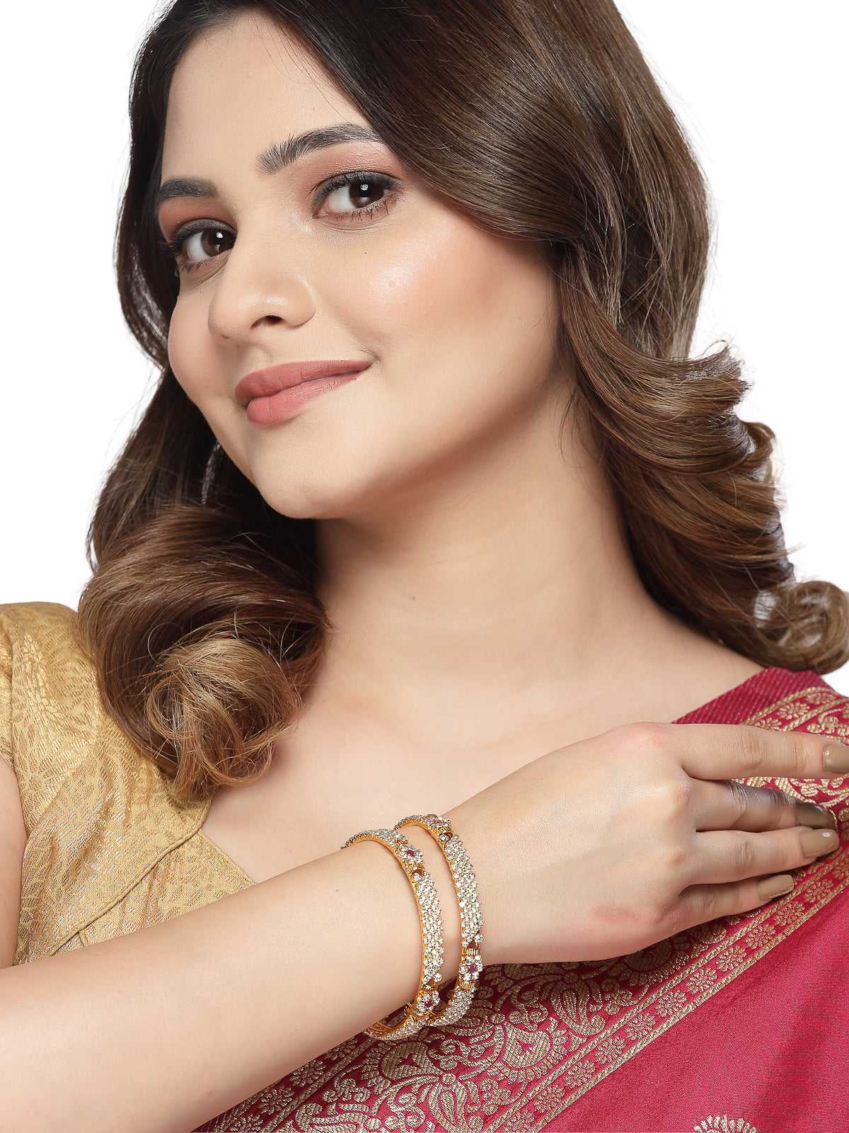 Sukkhi Fashionable Gold Tone Plated White Red AD Stones Studded Set of 2 Kada Bracelet Bangle Jewellery Set for Women & Girls|Latest Design | Birthday Anniversary Gift for Women|B105853