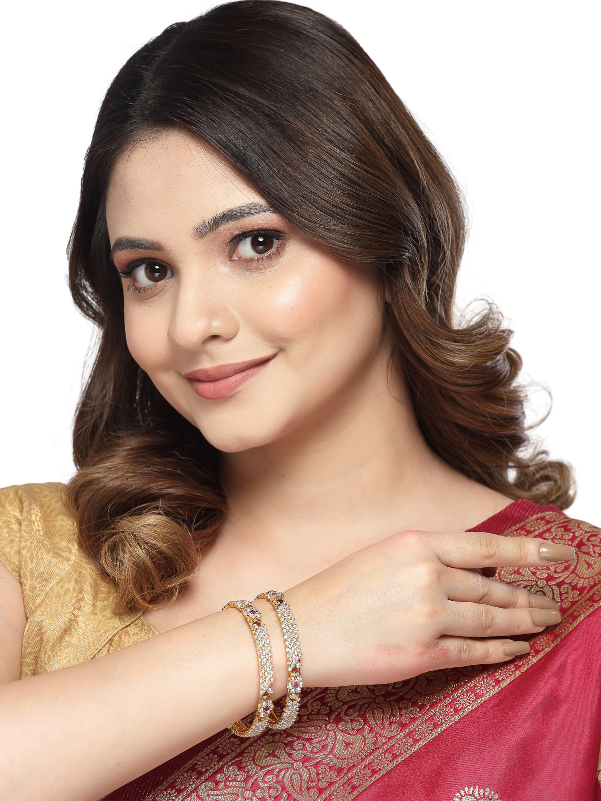 Sukkhi Fashionable Gold Tone Plated White Red AD Stones Studded Set of 2 Kada Bracelet Bangle Jewellery Set for Women & Girls|Latest Design | Birthday Anniversary Gift for Women|B105853