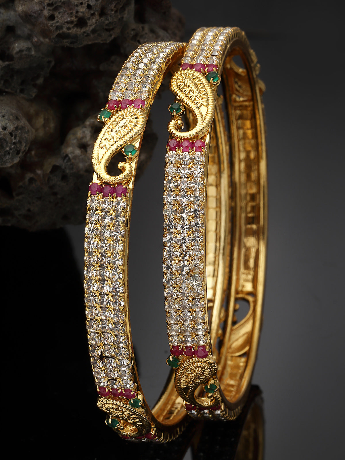 Sukkhi Peacock Design Gold Plated Red & Green & White AD Stones Set of 2 Kada Bracelet Bangle Jewellery Set for Women & Girls Latest Design|Birthday Anniversary Gift for Women|B105856