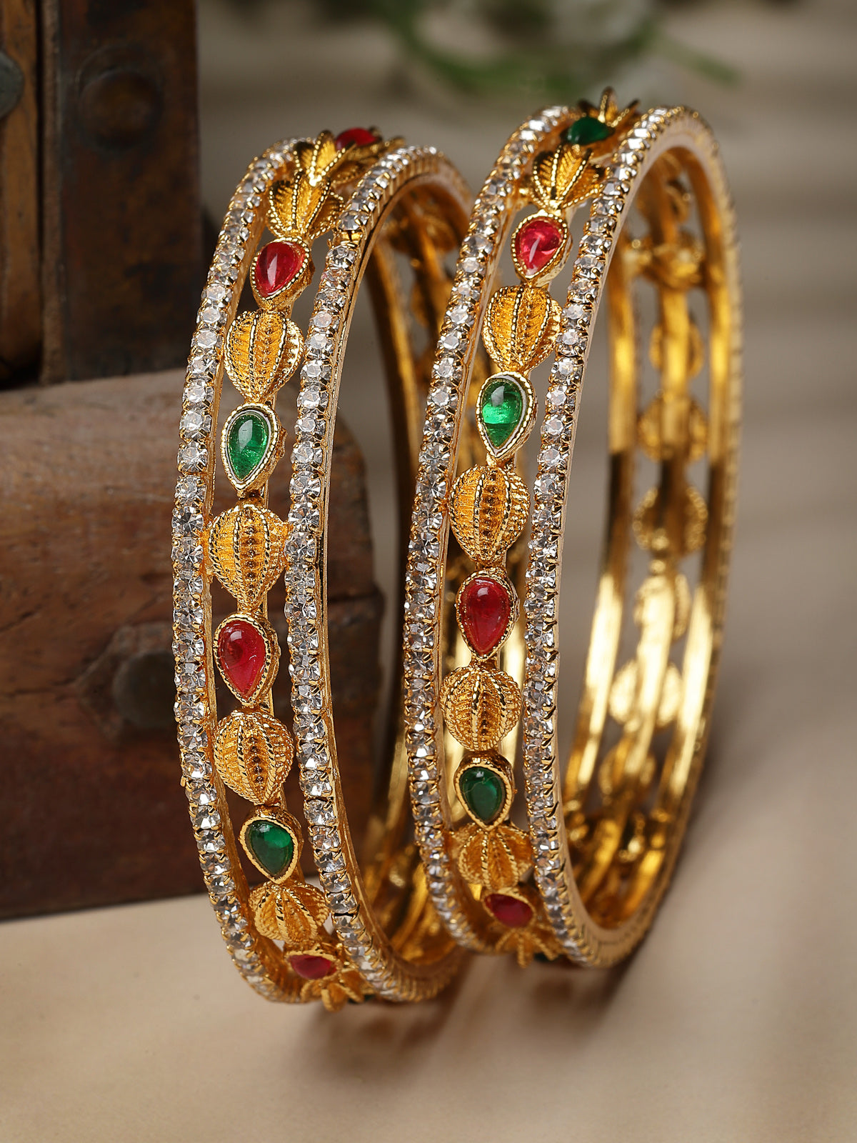 Sukkhi Latest Gold Plated White AD Stones Studded Set of 2 Kada Bracelet Bangle Jewellery Set for Women & Girls Latest Design| Birthday Anniversary Gift for Women|B105858