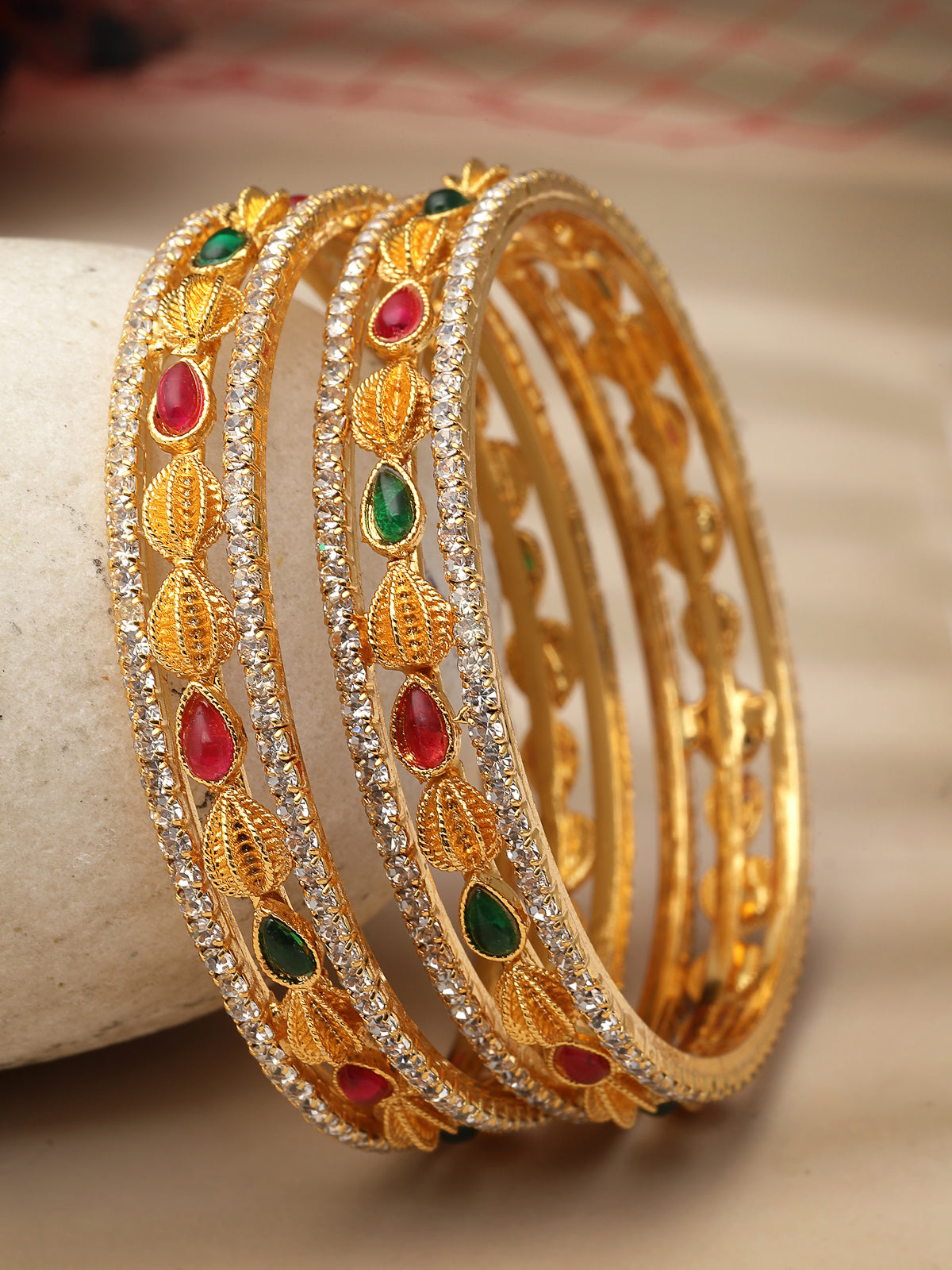 Sukkhi Latest Gold Plated White AD Stones Studded Set of 2 Kada Bracelet Bangle Jewellery Set for Women & Girls Latest Design| Birthday Anniversary Gift for Women|B105858