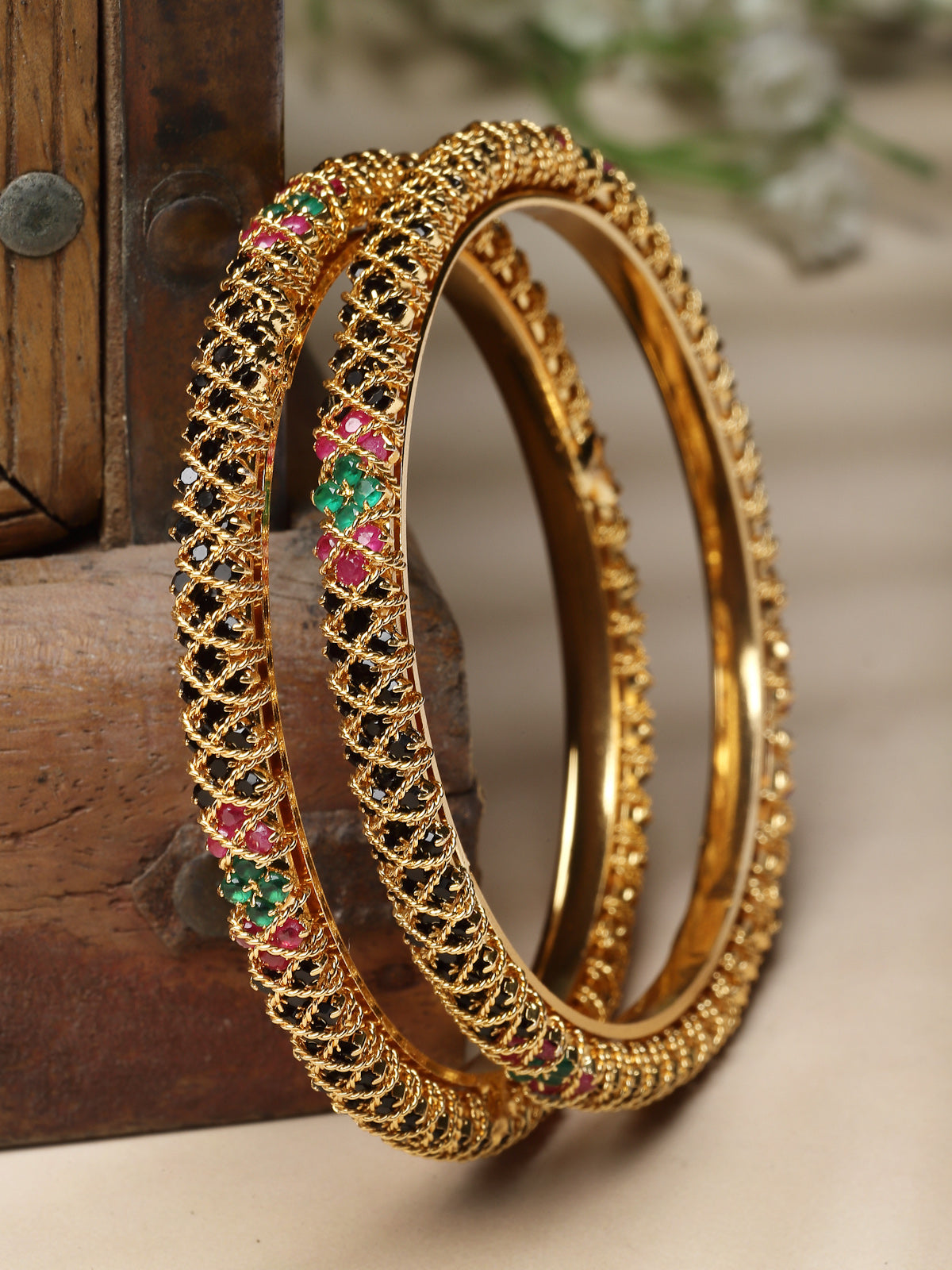 Sukkhi Classic Gold Plated Red And Green Kada Bracelet Bangle Jewellery Set for Women & Girls | Set of 2 Latest Design| Birthday Anniversary Gift for Women|B105859