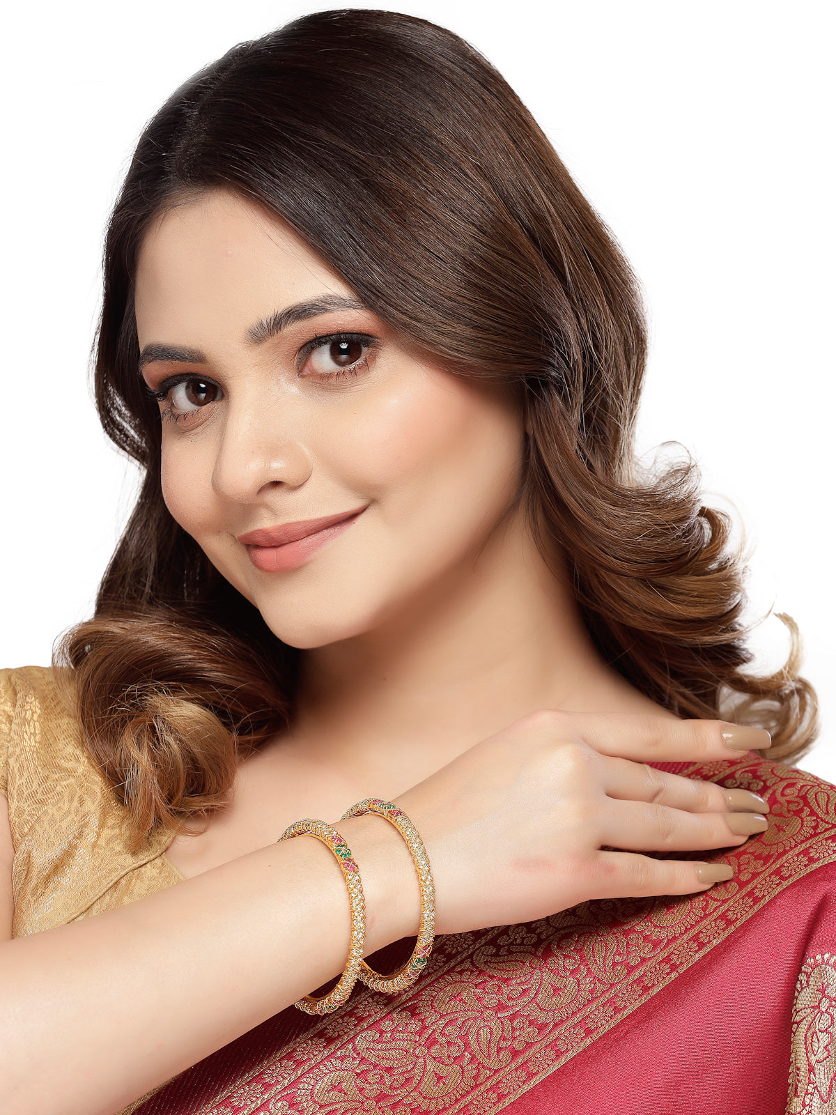 Sukkhi Beautiful Gold Plated Red And Green & White AD Stones Studded Kada Bracelet Bangle Jewellery Set for Women & Girls |Set of 2 Latest Design|Birthday Anniversary Gift for Women|B105860