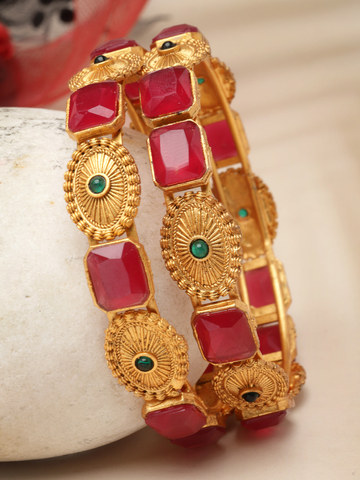 Sukkhi Trendy Gold Plated Red And Green Kada Bracelet Bangle Jewellery Set for Women & Girls | Set of 2 Latest Design | Birthday Anniversary Gift for Women|B105862