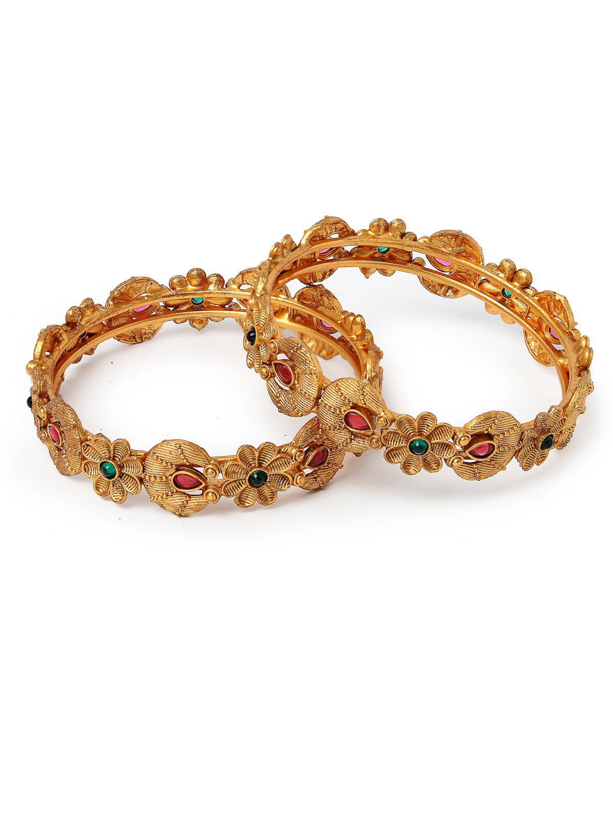 Sukkhi Eye-Catchy Floral Gold Plated Red And Green Kada Bracelet Bangle Jewellery Set for Women & Girls | Set of 2 Latest Design | Birthday Anniversary Gift for Women|B105863