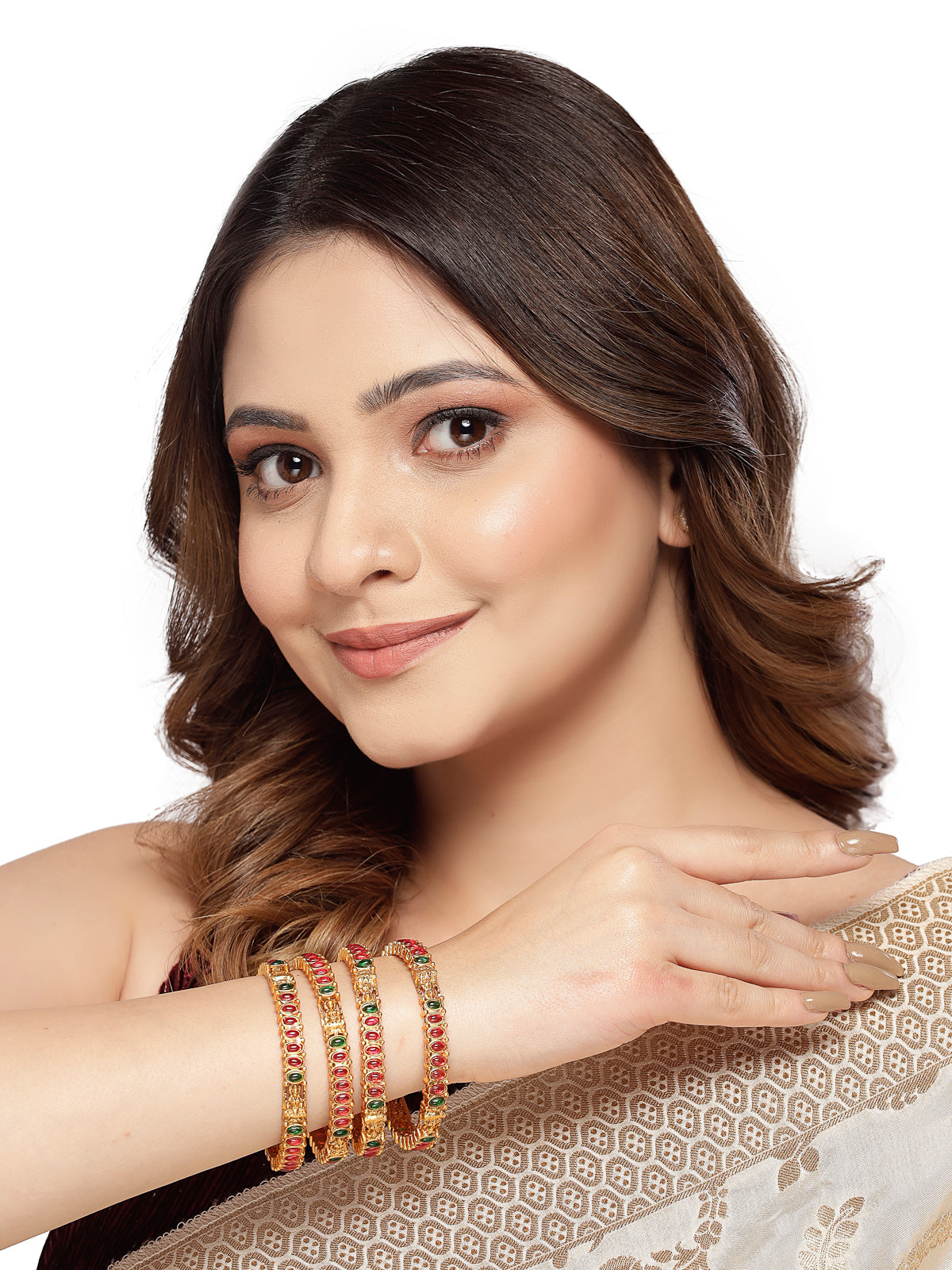 Sukkhi Beautiful Traditional Gold Plated Red And Green Bracelet Bangle Set Jewellery for Women & Girls | Set of 4 Latest Design | Birthday Anniversary Gift for Women|B105868
