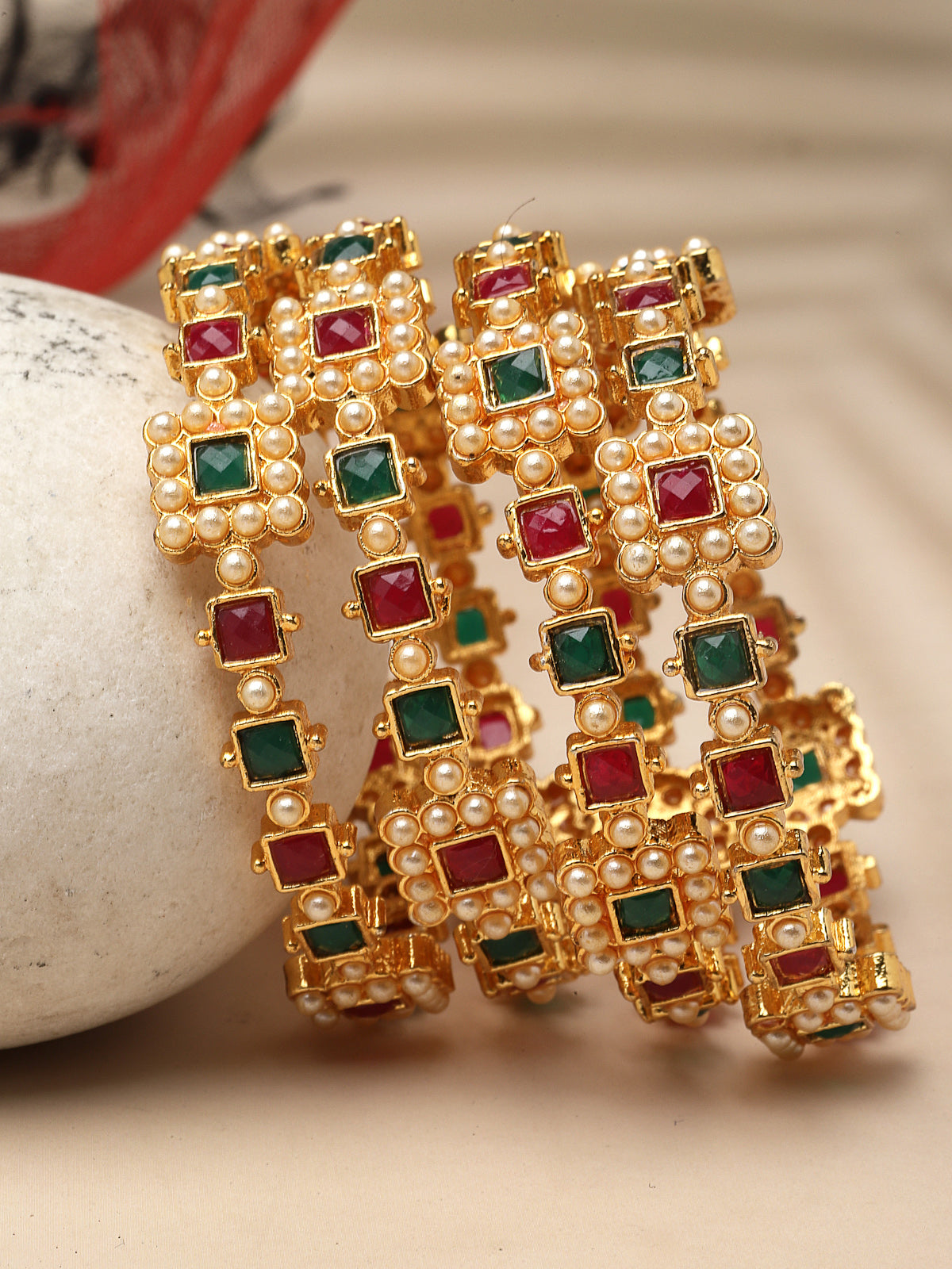 Sukkhi Excellent Gold Plated Red White Pearls Studded Bracelet Bangle Set Jewellery for Women & Girls | Set of 4 Latest Design | Birthday Anniversary Gift for Women|B105886