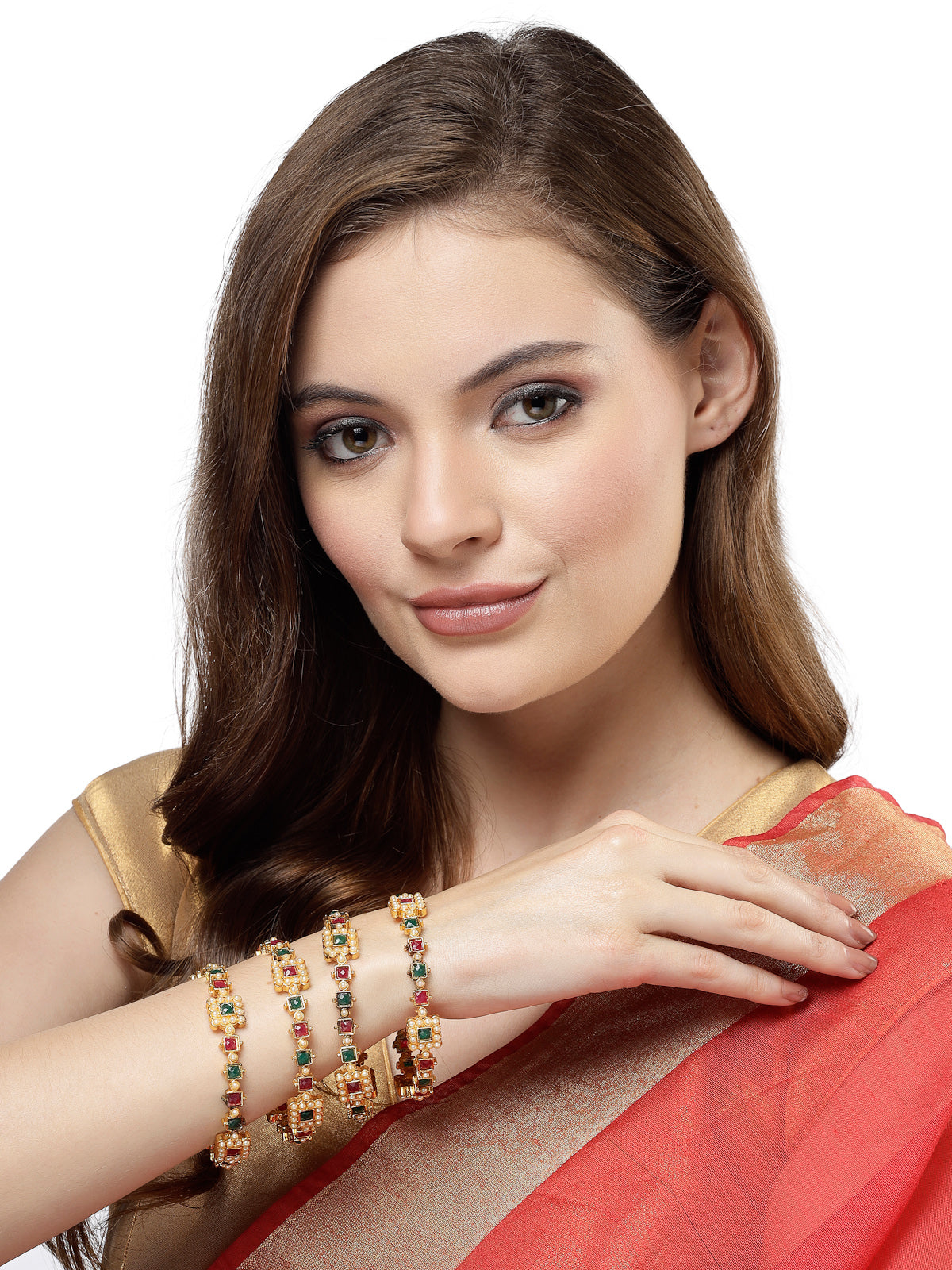 Sukkhi Excellent Gold Plated Red White Pearls Studded Bracelet Bangle Set Jewellery for Women & Girls | Set of 4 Latest Design | Birthday Anniversary Gift for Women|B105886