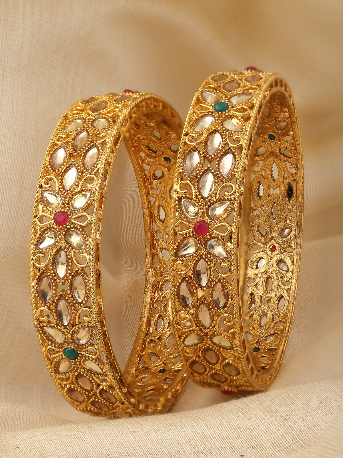 Sukkhi Eye-Catchy Floral Style Gold Plated Red And Green Broad Bracelet Bangle Set Jewellery for Women & Girls | Set of 2 Latest Design | Birthday Anniversary Gift for Women|B105890