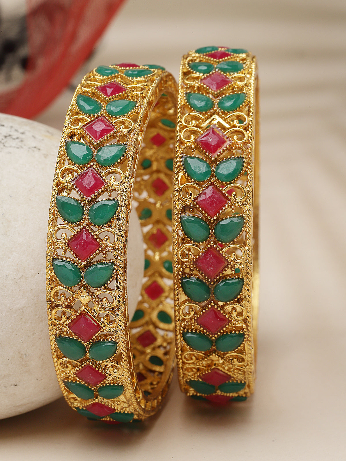 Sukkhi Unique Gold Plated Red And Green Broad Bracelet Bangle Set Jewellery for Women & Girls | Set of 2 Latest Design | Birthday Anniversary Gift for Women ||B105891