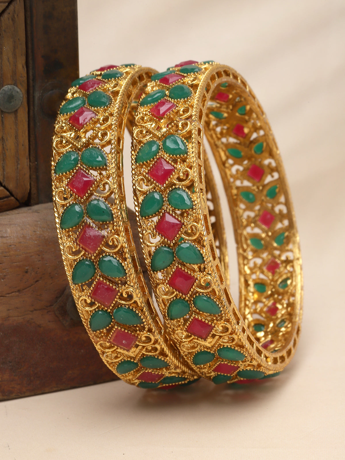 Sukkhi Unique Gold Plated Red And Green Broad Bracelet Bangle Set Jewellery for Women & Girls | Set of 2 Latest Design | Birthday Anniversary Gift for Women ||B105891