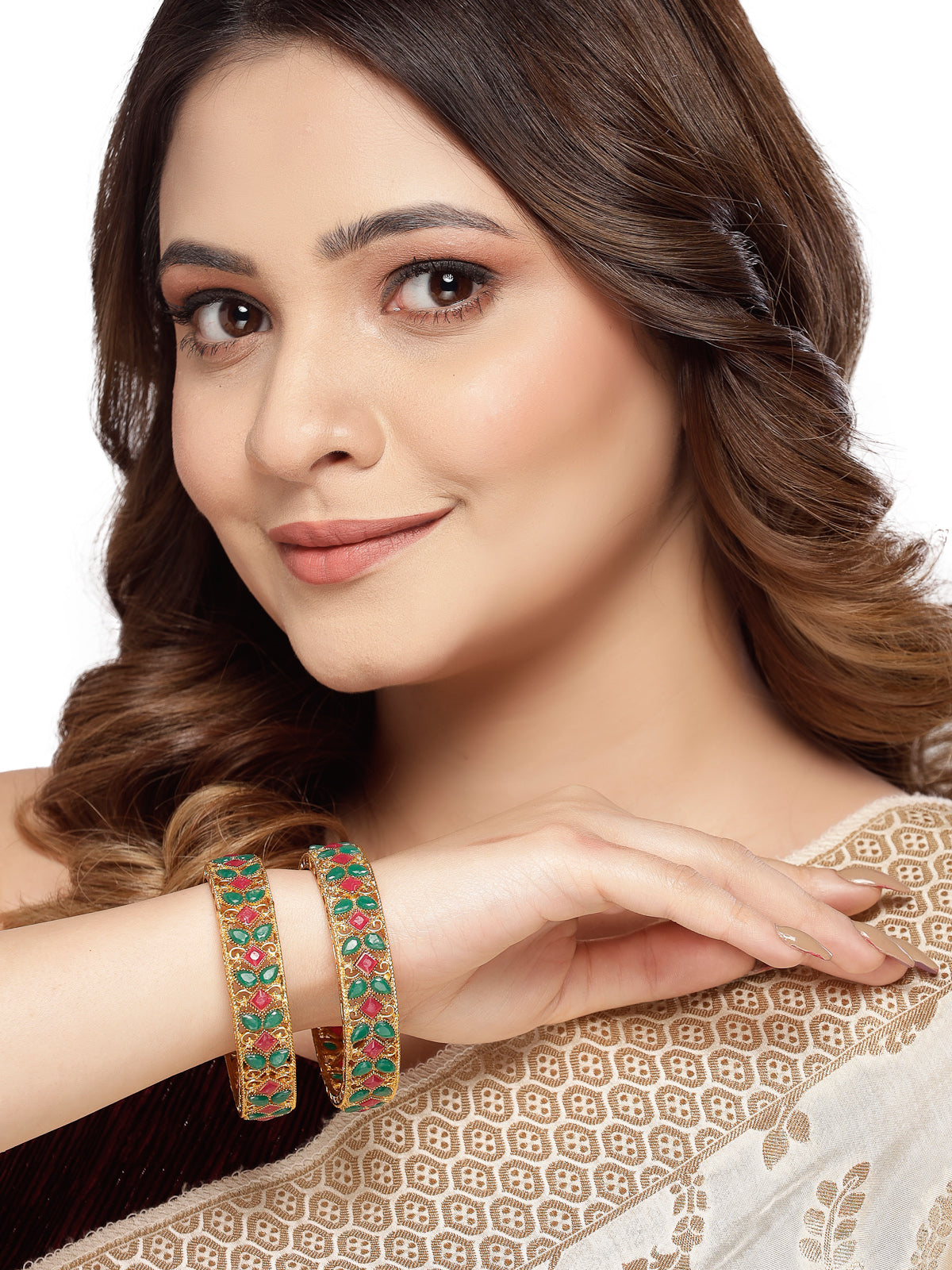 Sukkhi Unique Gold Plated Red And Green Broad Bracelet Bangle Set Jewellery for Women & Girls | Set of 2 Latest Design | Birthday Anniversary Gift for Women ||B105891