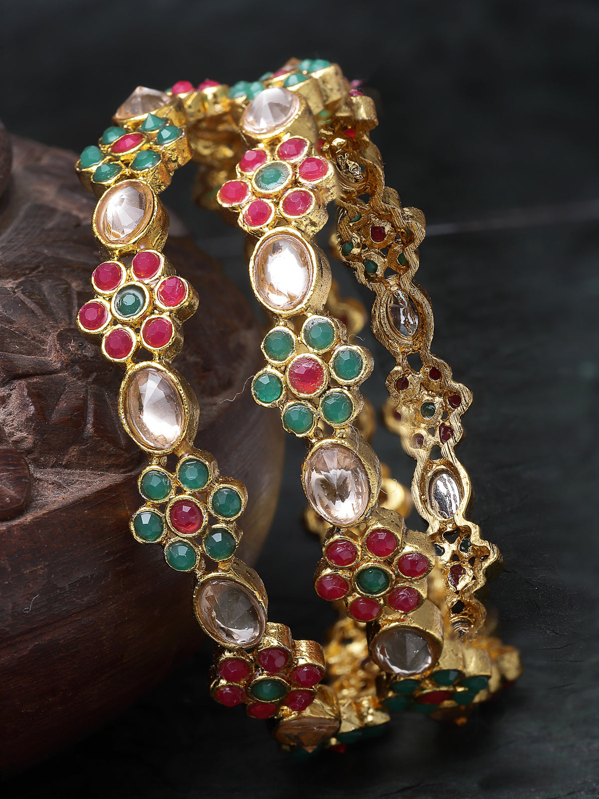 Sukkhi Creative Floral Gold Plated Red And Green Bracelet Bangle Set Jewellery for Women & Girls | Set of 2 Latest Design | Birthday Anniversary Gift for Women | Gifts Collection|B105892