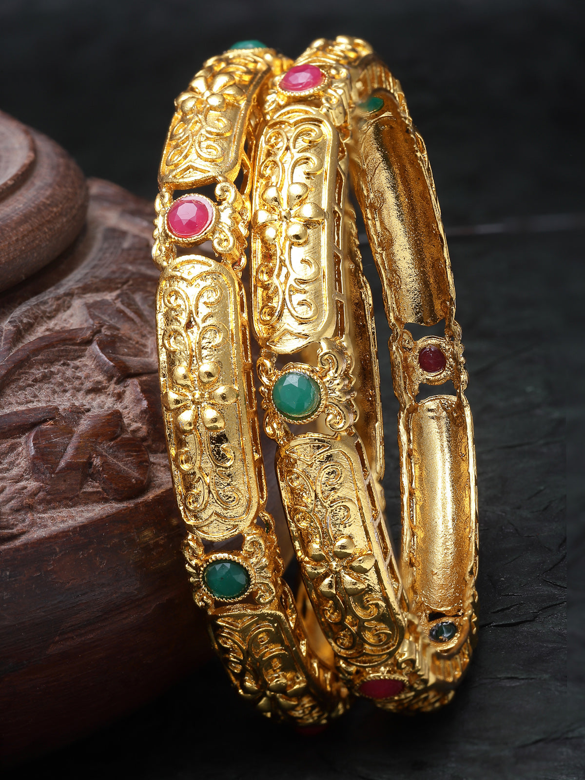 Sukkhi Classic-Inspired Kada Style Gold Plated Red And Green Bracelet/Bangle Set Jewellery for Women & Girls|Set of 2 Latest Design|Birthday Anniversary Gift for Women|B105893