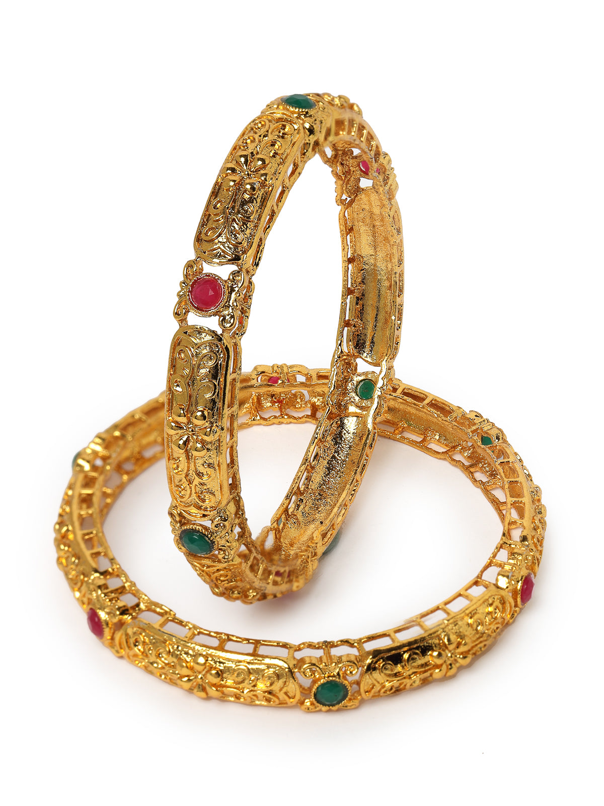 Sukkhi Classic-Inspired Kada Style Gold Plated Red And Green Bracelet/Bangle Set Jewellery for Women & Girls|Set of 2 Latest Design|Birthday Anniversary Gift for Women|B105893