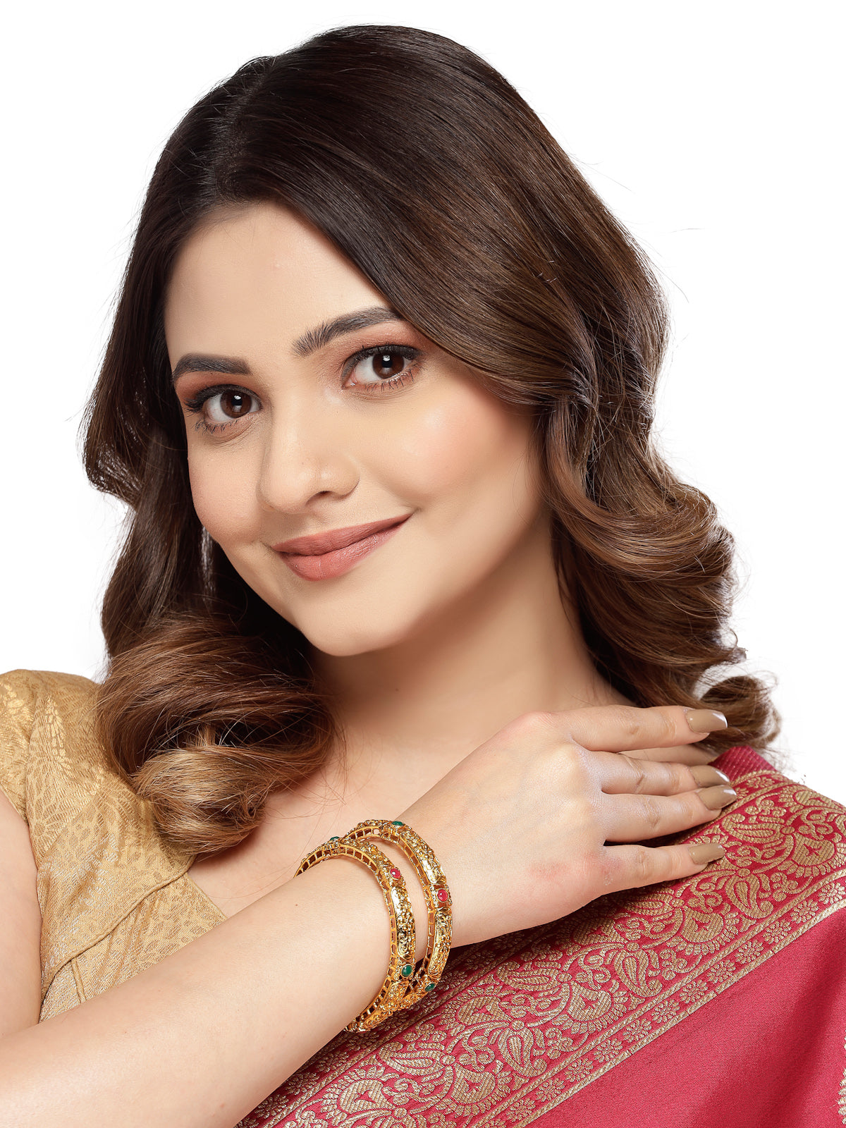 Sukkhi Classic-Inspired Kada Style Gold Plated Red And Green Bracelet/Bangle Set Jewellery for Women & Girls|Set of 2 Latest Design|Birthday Anniversary Gift for Women|B105893