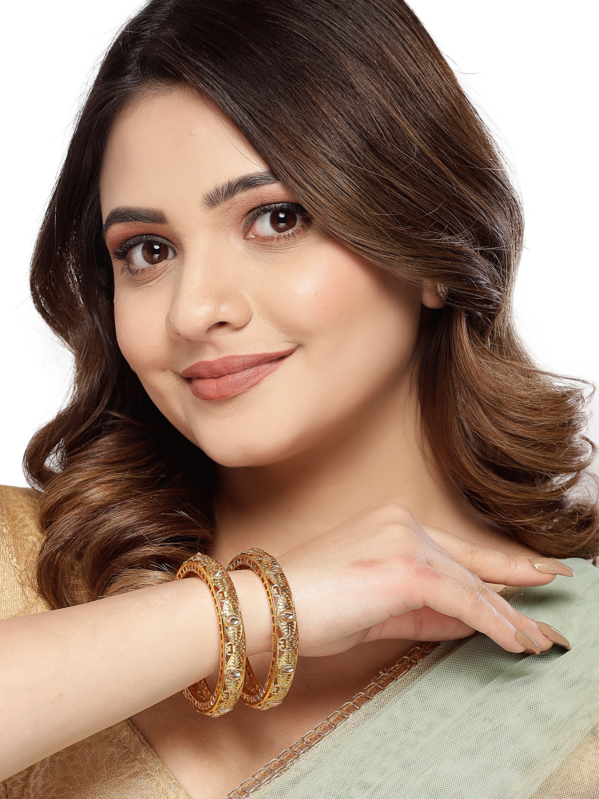 Sukkhi Bewitching Classic Kada Style Gold Plated White AD Stones Set of 2 Bracelet/Bangle Set Jewellery for Women & Girls Latest Design|Birthday Anniversary Gift for Women|B105894