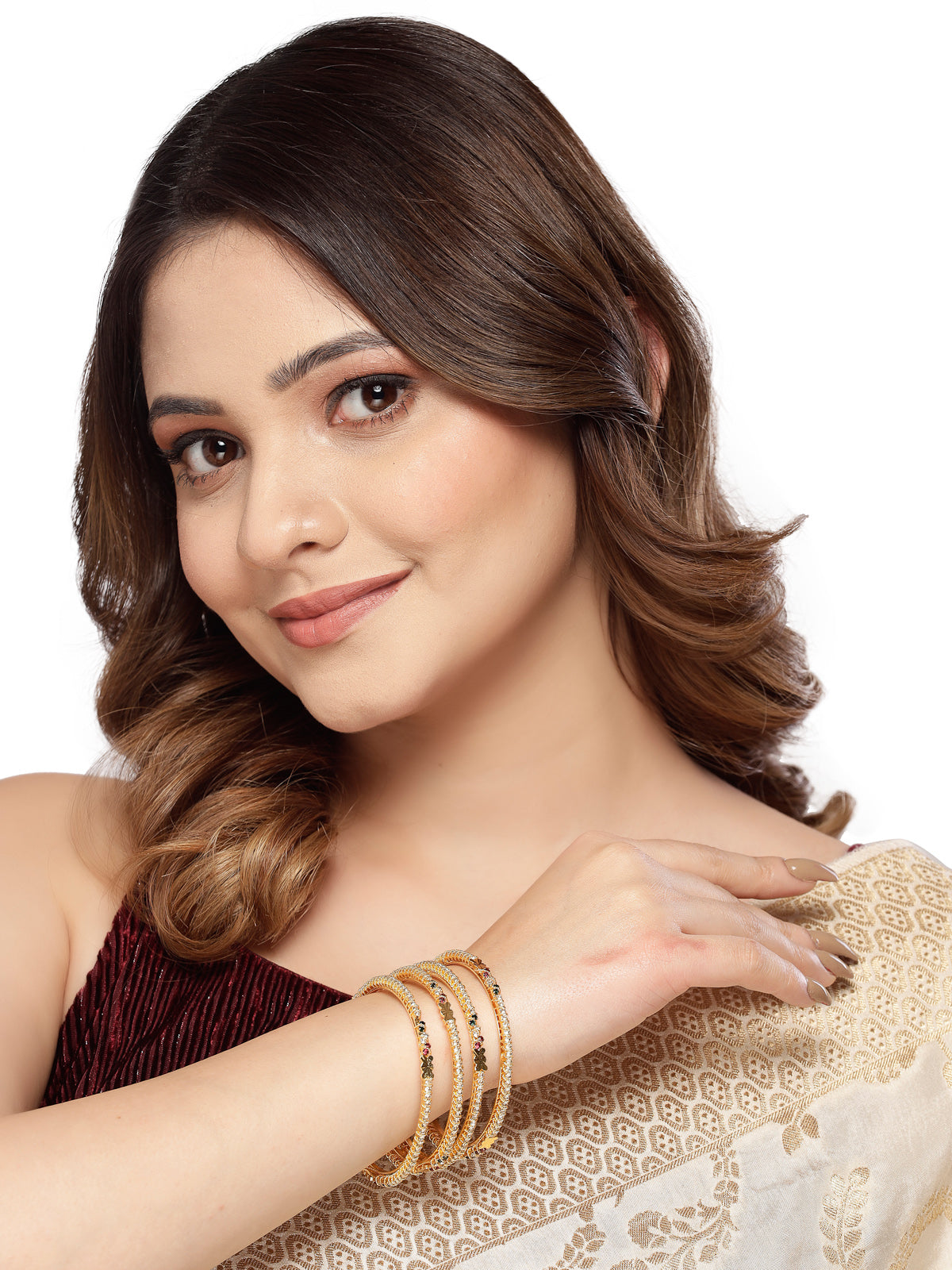 Sukkhi Attractive Daily Wear Gold Plated Multicolor White AD Stones Set of 4 Thin Bracelet Bangle Set Jewellery for Women & Girls|Latest Design|Birthday Anniversary Gift for Women|B105902