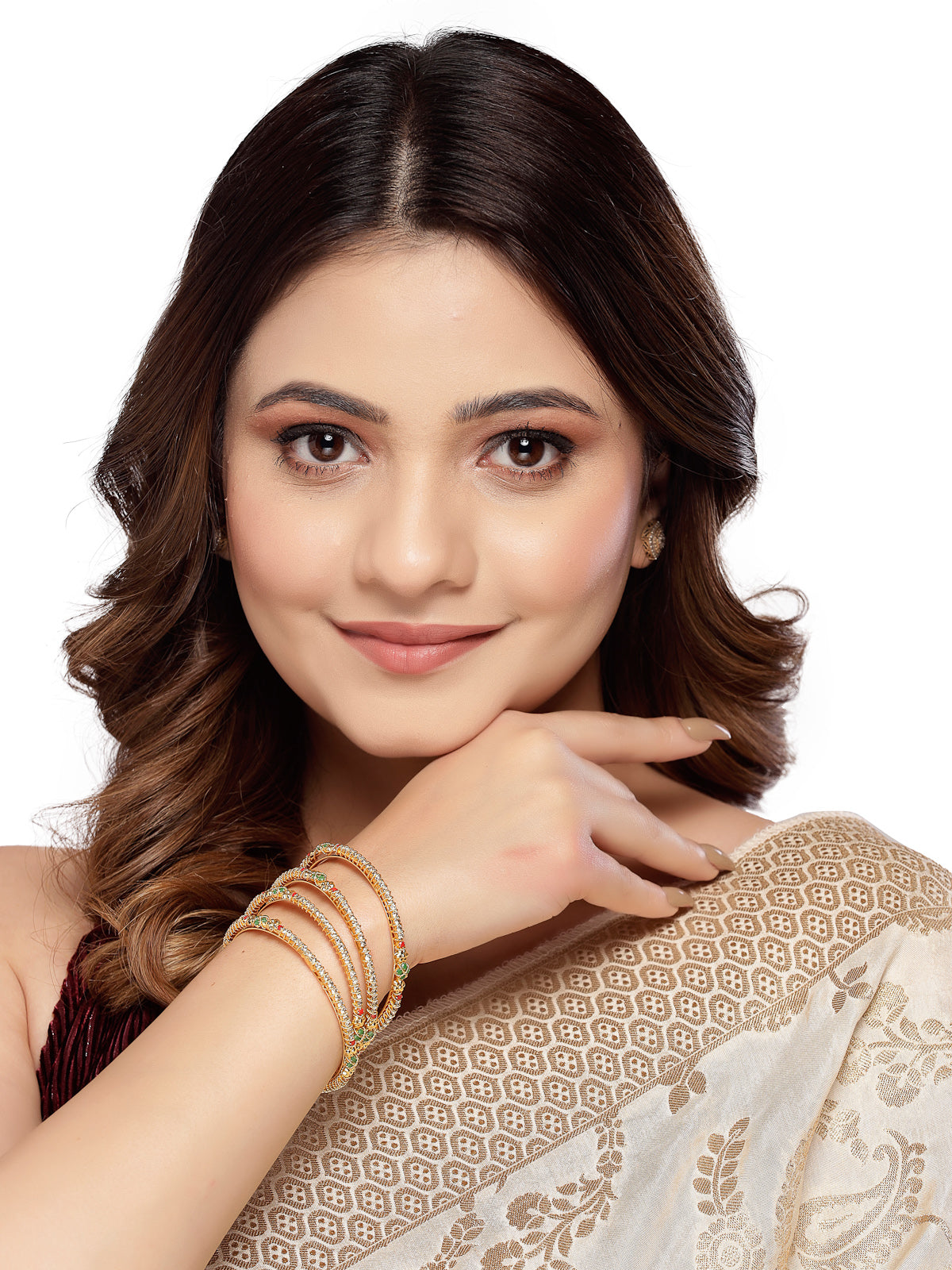 Sukkhi Graceful Gold Plated Multicolor White AD Stones Studded Set of 4 Thin Bracelet Bangle Set Jewellery for Women & Girls|Latest Design|Birthday Anniversary Gift for Women|B105903