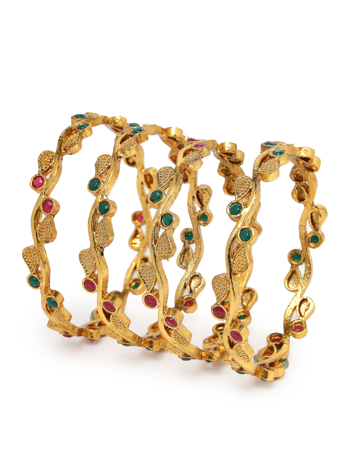 Sukkhi Classical Leaf Gold Plated Red And Green Bangle Set Jewellery for Women & Girls|Set of 4 Bracelet Latest Design|Birthday Anniversary Gift for Women|B105905