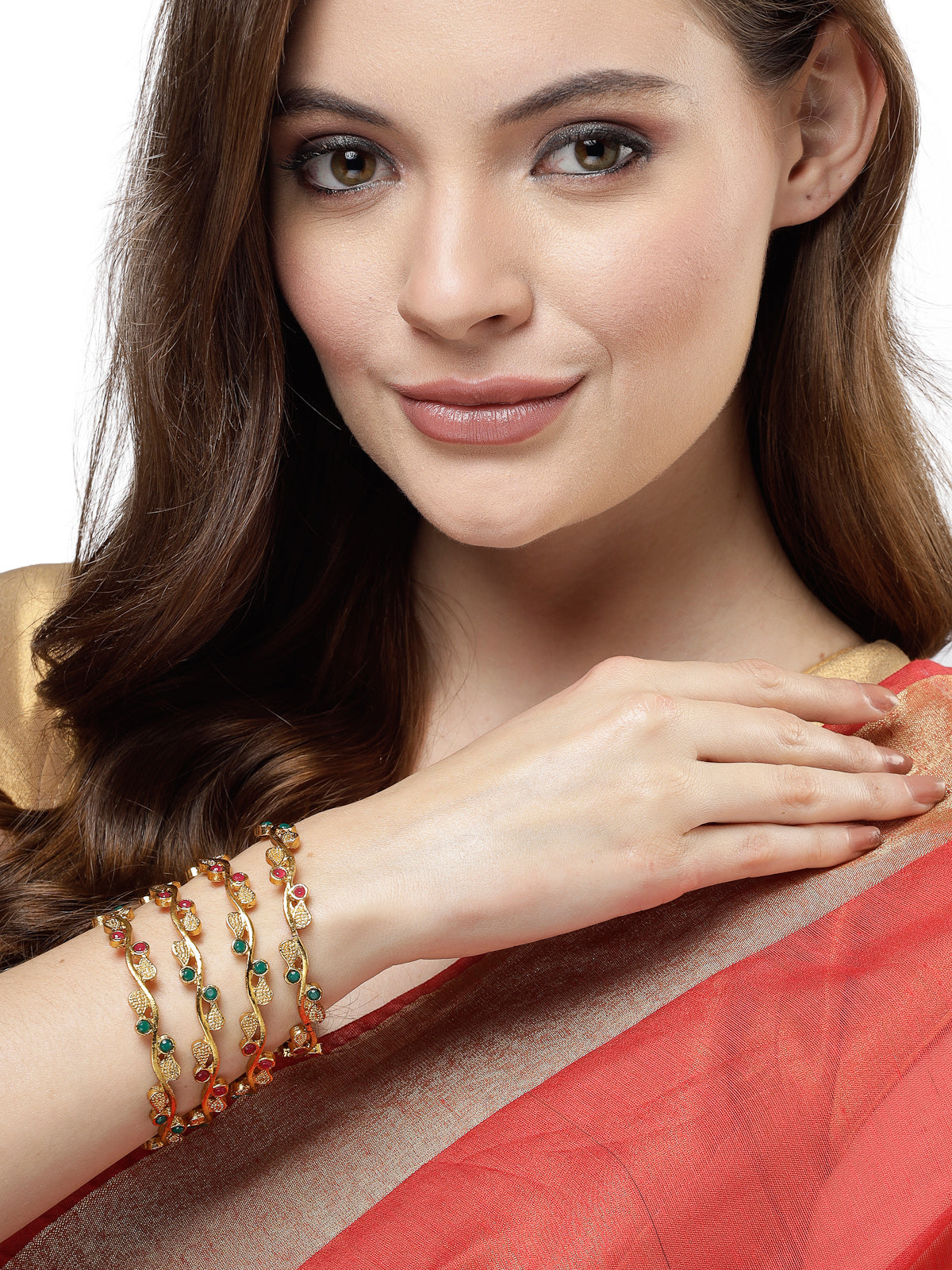 Sukkhi Classical Leaf Gold Plated Red And Green Bangle Set Jewellery for Women & Girls|Set of 4 Bracelet Latest Design|Birthday Anniversary Gift for Women|B105905