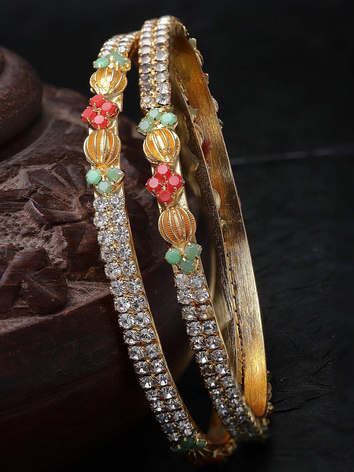 Sukkhi Delicate Gold Plated Red And Green White AD Stones Thin Bracelet Bangle Set Jewellery for Women & Girls| Set of 2 Latest Design|Birthday Anniversary Gift for Women|B105908