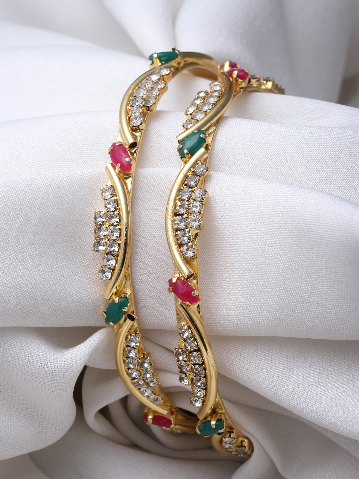 Sukkhi Creative Gold Plated Red And Green Color White AD Stones Studded Thin Set of 2 Bracelet Bangle Set Jewellery for Women & Girls|Latest Design|Birthday Anniversary Gift for Women|B105913