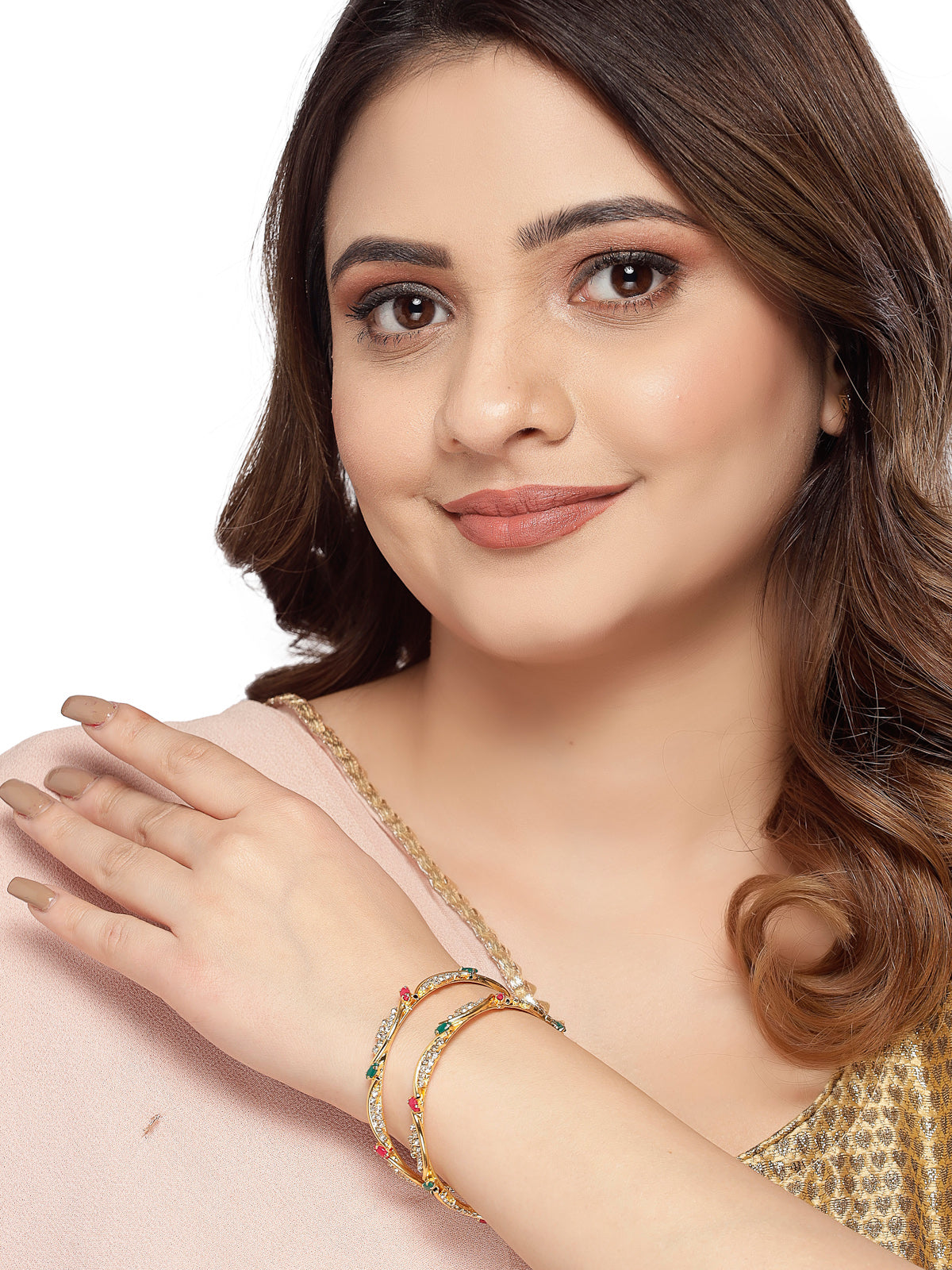 Sukkhi Creative Gold Plated Red And Green Color White AD Stones Studded Thin Set of 2 Bracelet Bangle Set Jewellery for Women & Girls|Latest Design|Birthday Anniversary Gift for Women|B105913