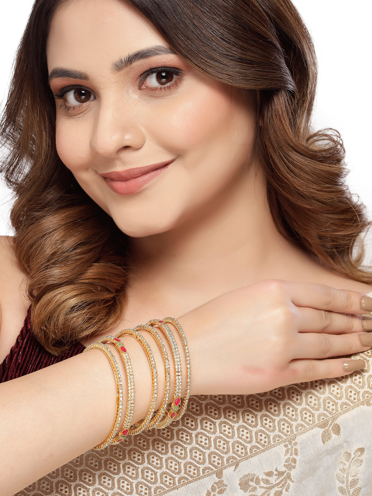 Sukkhi Stylish Looking Gold Plated Multicolor White AD Stones Thin Bracelet Bangle Set Jewellery for Women & Girls|Set of 6 Latest Design|Birthday Anniversary Gift for Women|B105915