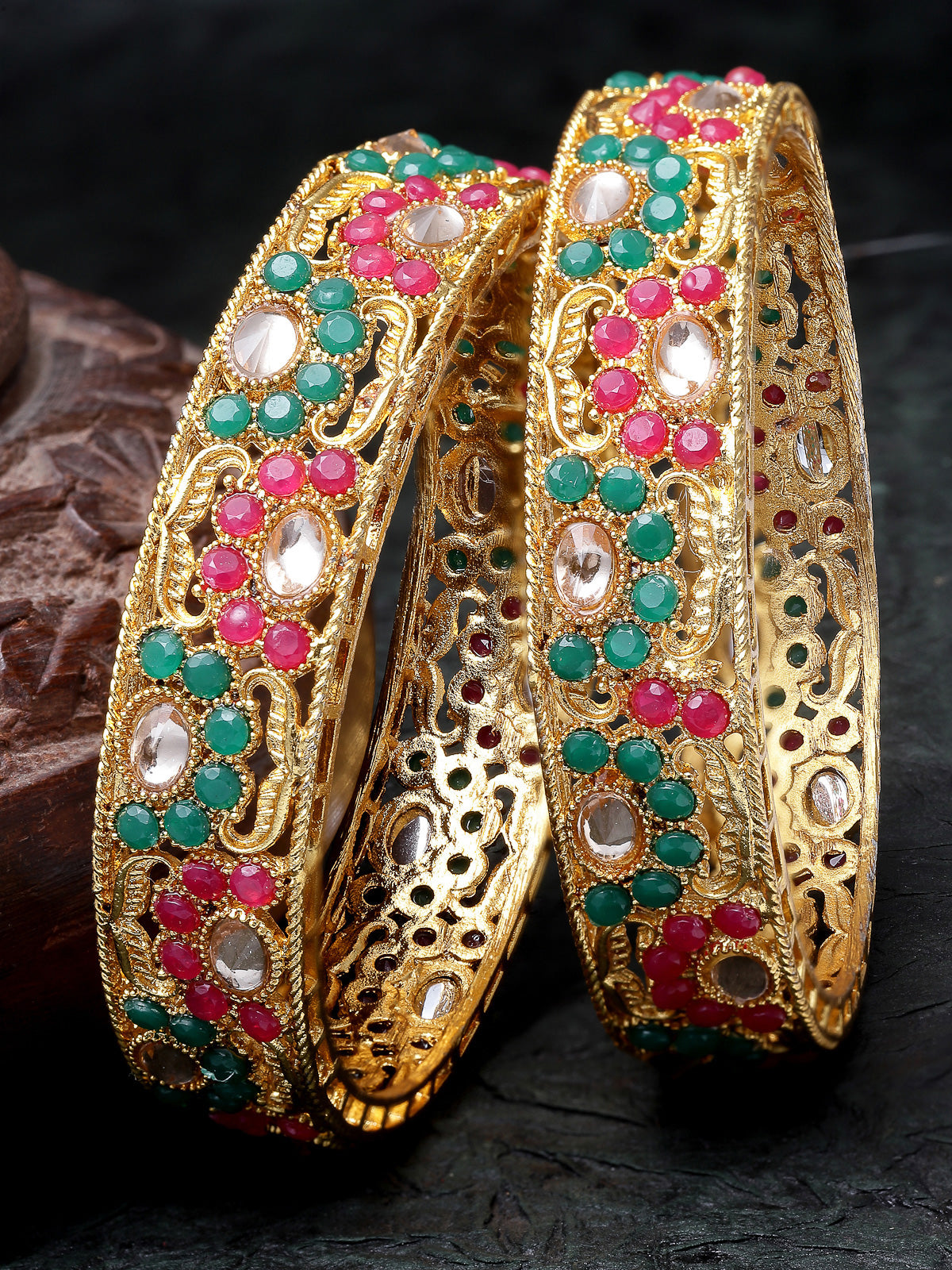 Sukkhi Lavish Traditional Gold Plated Red And Green White AD Stones Broad Bracelet Bangle Set Jewellery for Women & Girls|Set of 2 Latest Design|Birthday Anniversary Gift for Women|B105917