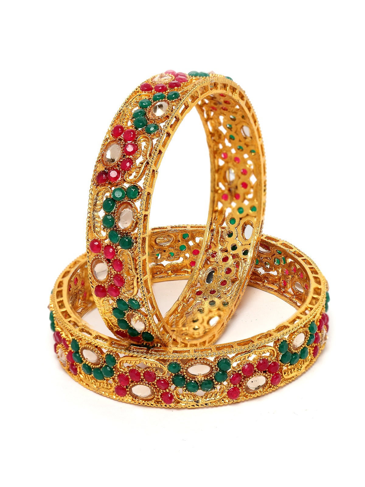 Sukkhi Lavish Traditional Gold Plated Red And Green White AD Stones Broad Bracelet Bangle Set Jewellery for Women & Girls|Set of 2 Latest Design|Birthday Anniversary Gift for Women|B105917