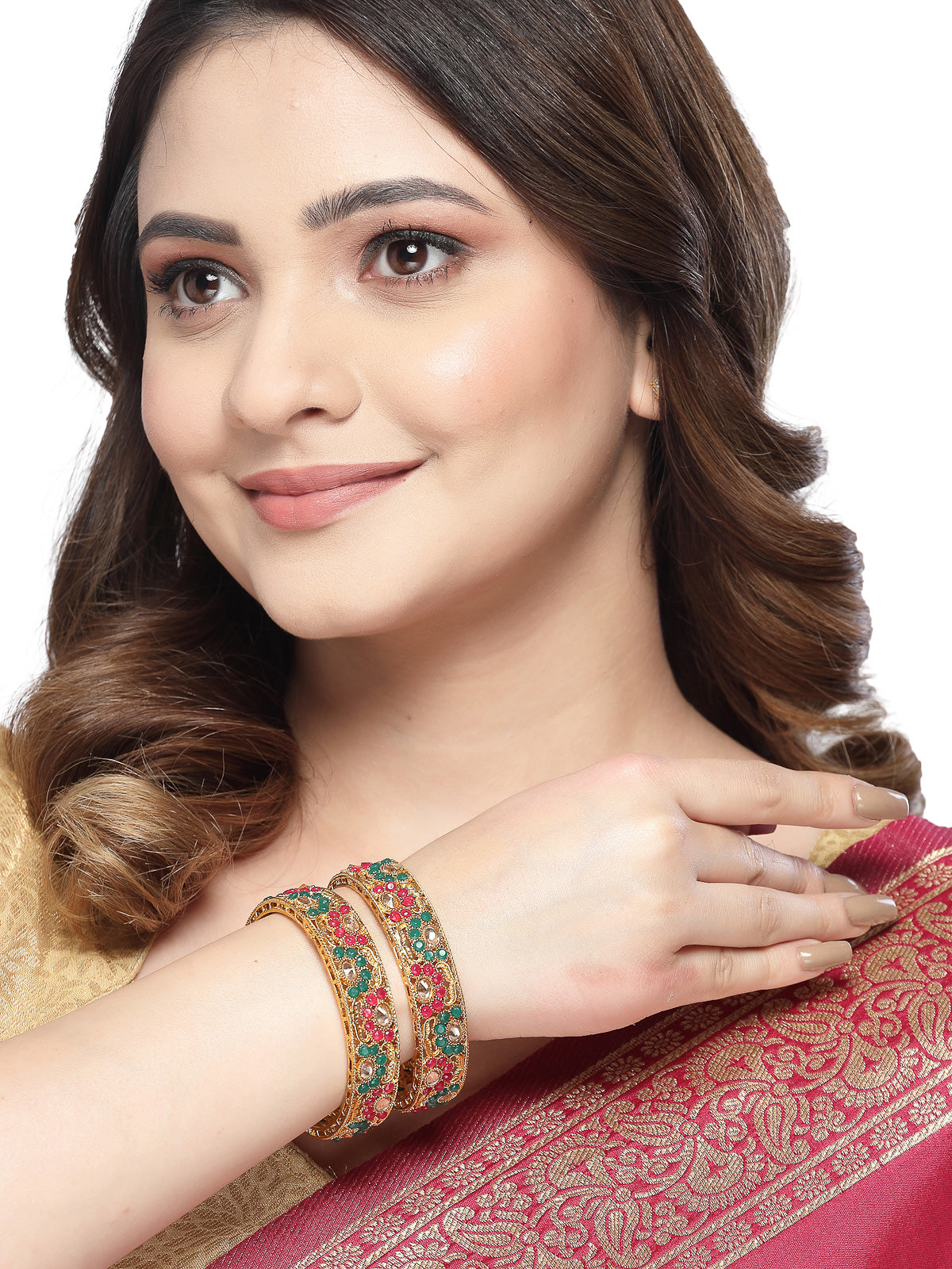 Sukkhi Lavish Traditional Gold Plated Red And Green White AD Stones Broad Bracelet Bangle Set Jewellery for Women & Girls|Set of 2 Latest Design|Birthday Anniversary Gift for Women|B105917