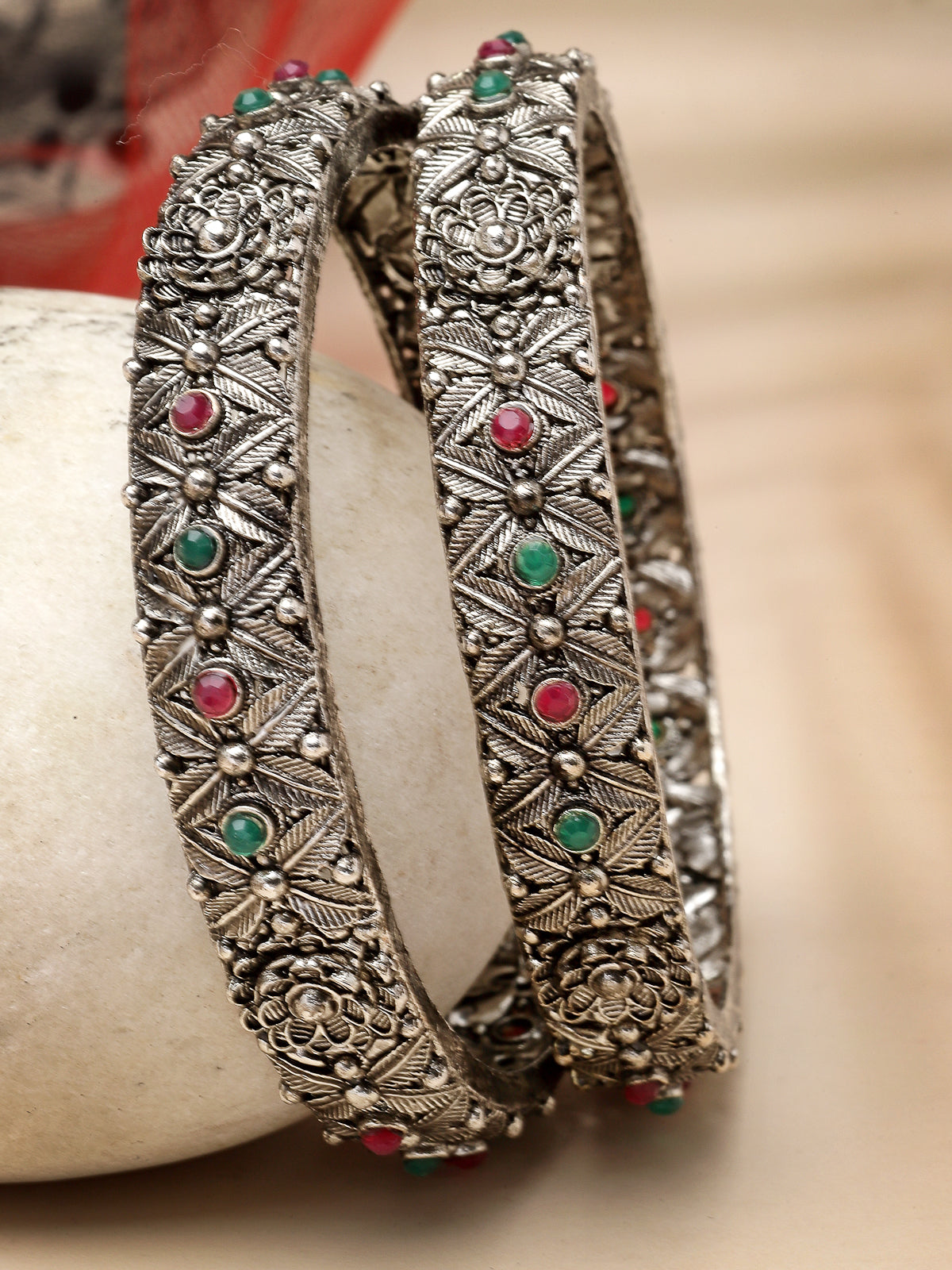Sukkhi Ethnic Floral Design Silver Oxidised Rhodium Plated Red And Green Bracelet Bangle Set Jewellery for Women & Girls|Set of 2 Latest Design|Birthday Anniversary Gift for Women|B105924